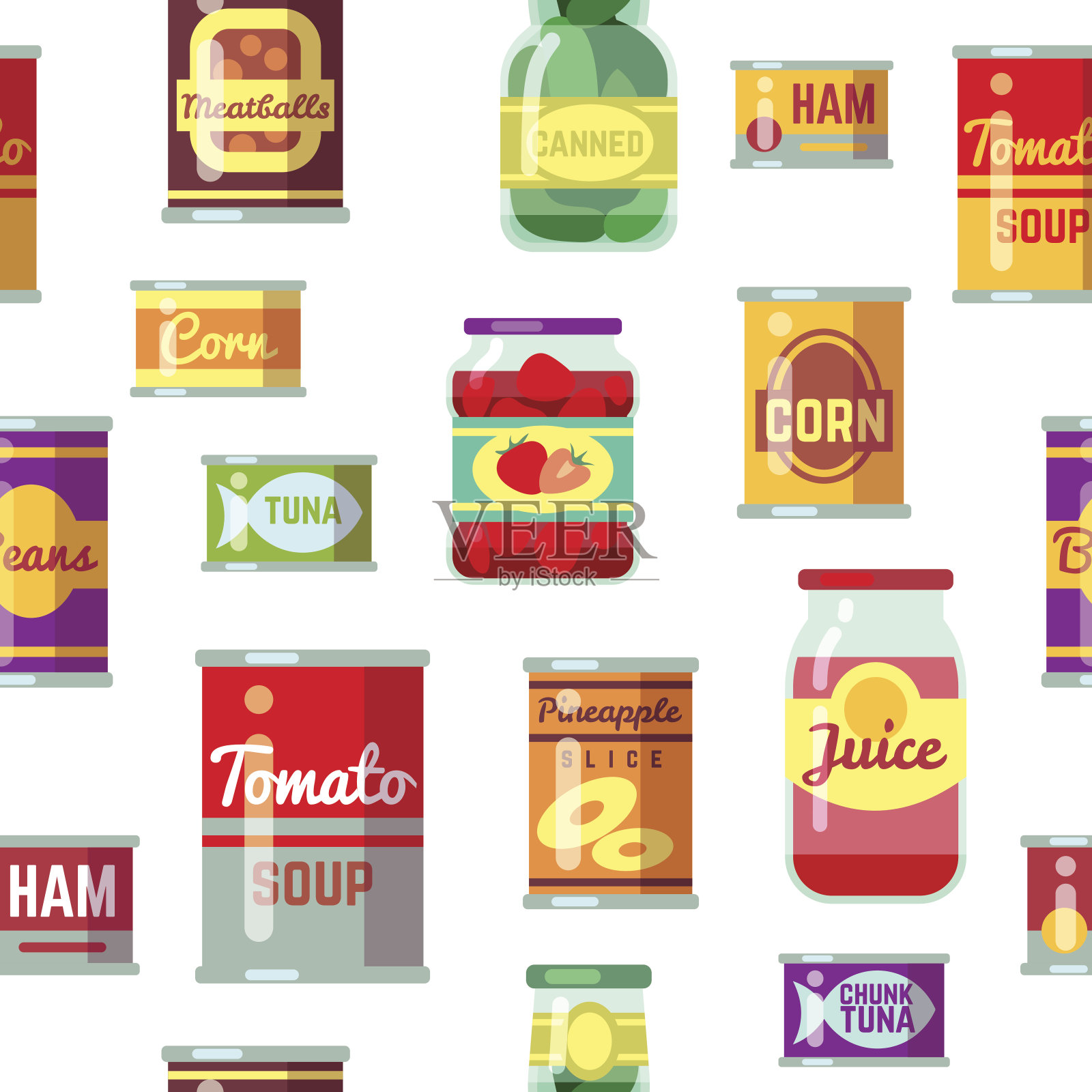 罐头食品与金属容器中的食品矢量无缝模式插画图片素材