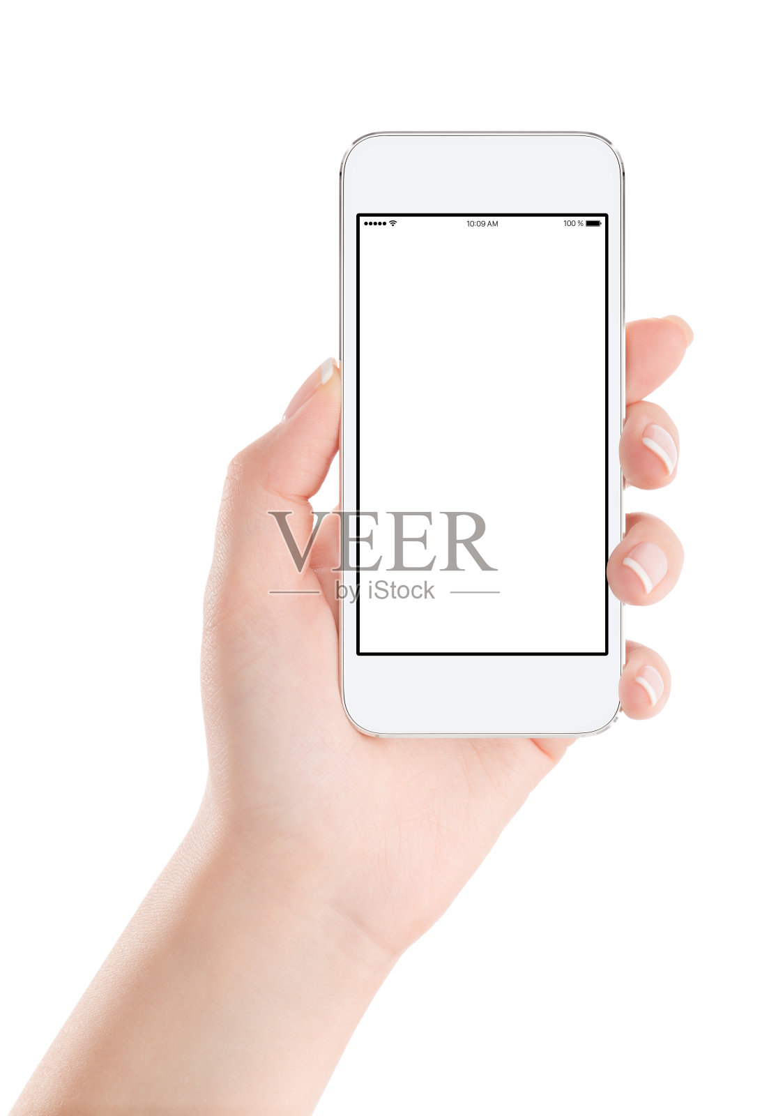 白色手机智能手机模拟与空白屏幕在女性的手照片摄影图片