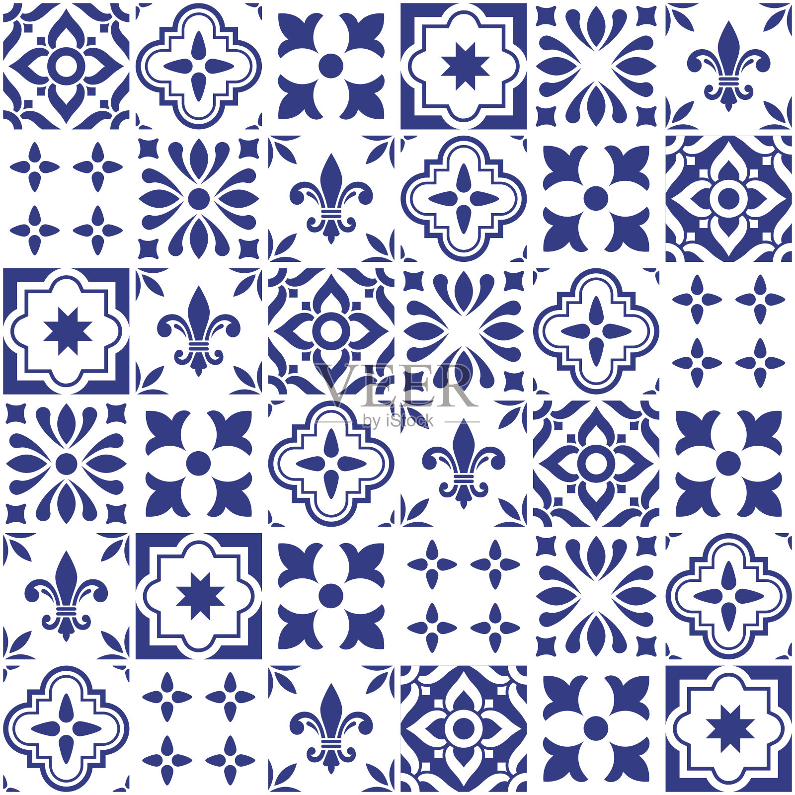 几何矢量瓷砖设计，葡萄牙或西班牙无缝海军蓝瓷砖，阿苏莱荷斯图案插画图片素材