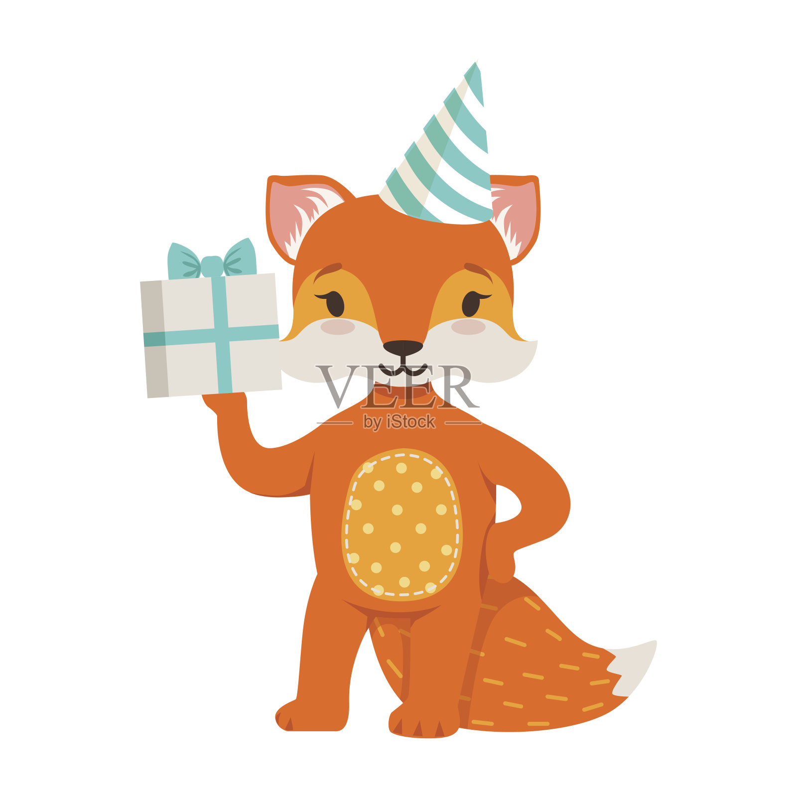 可爱的橙色狐狸角色戴着一顶礼帽拿着礼盒，滑稽的卡通森林动物摆姿势矢量插图插画图片素材
