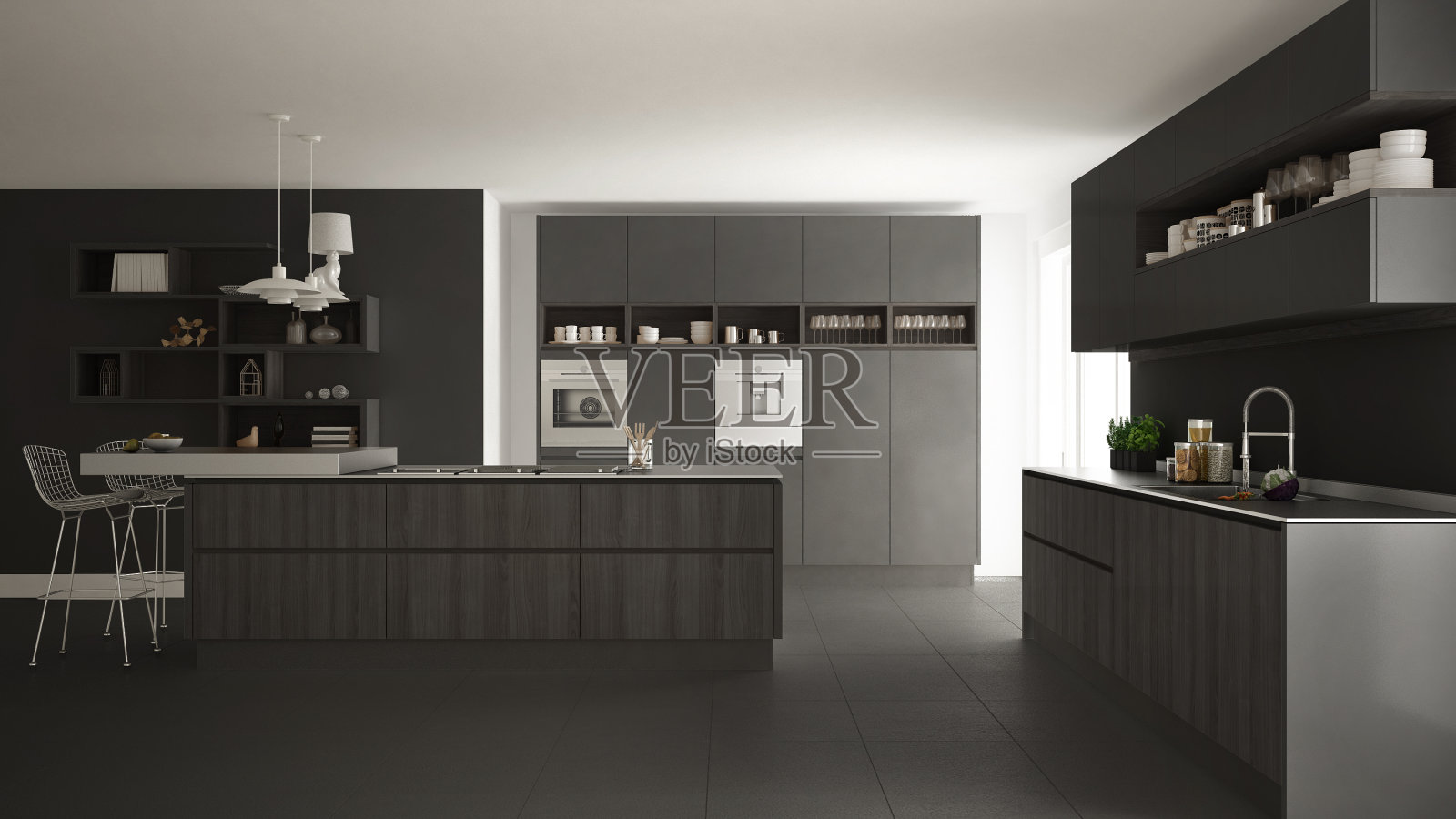 现代白色厨房与木制和灰色的细节，简约的室内设计照片摄影图片