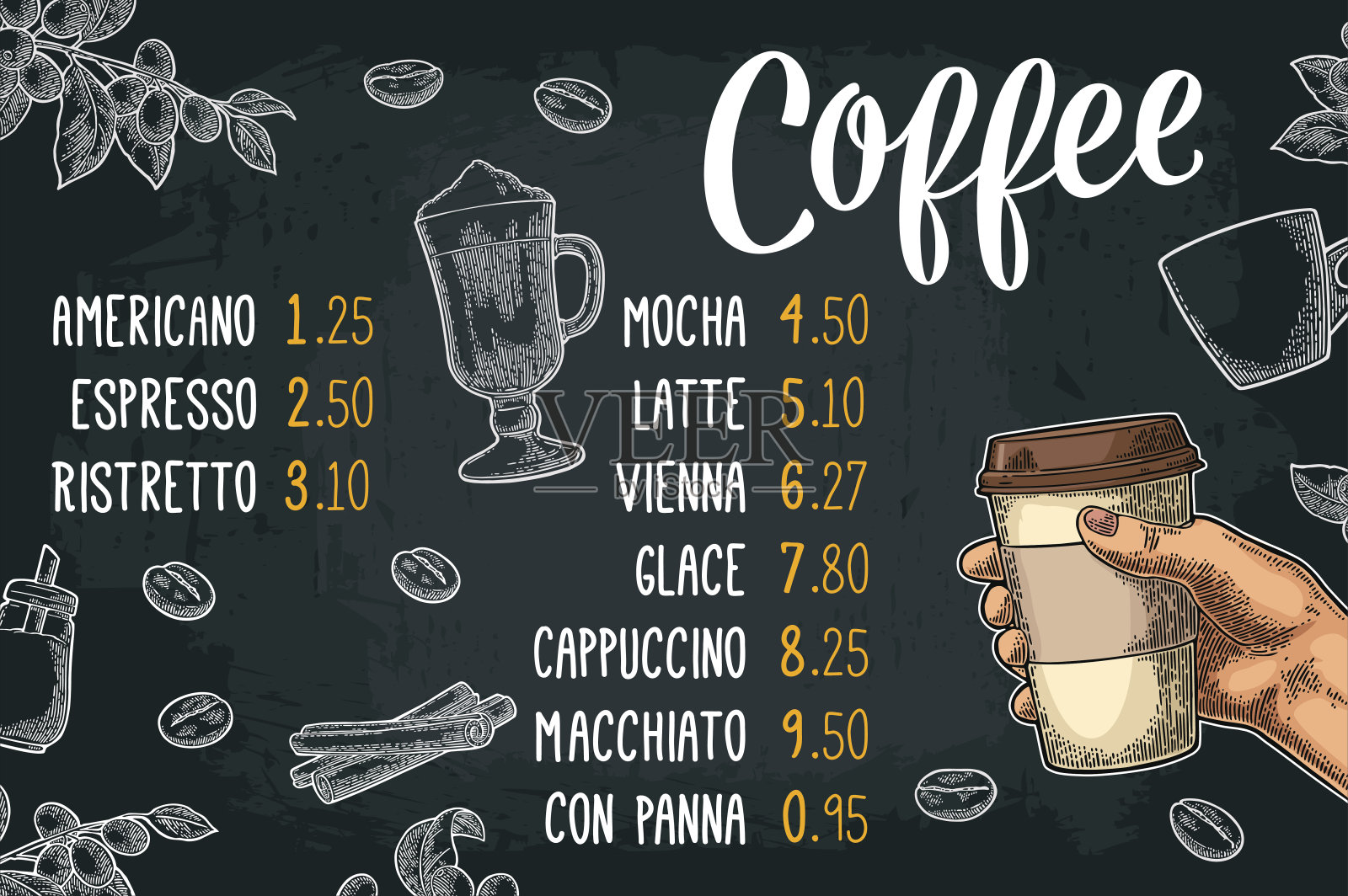 餐厅或咖啡馆菜单咖啡饮料与价格。插画图片素材