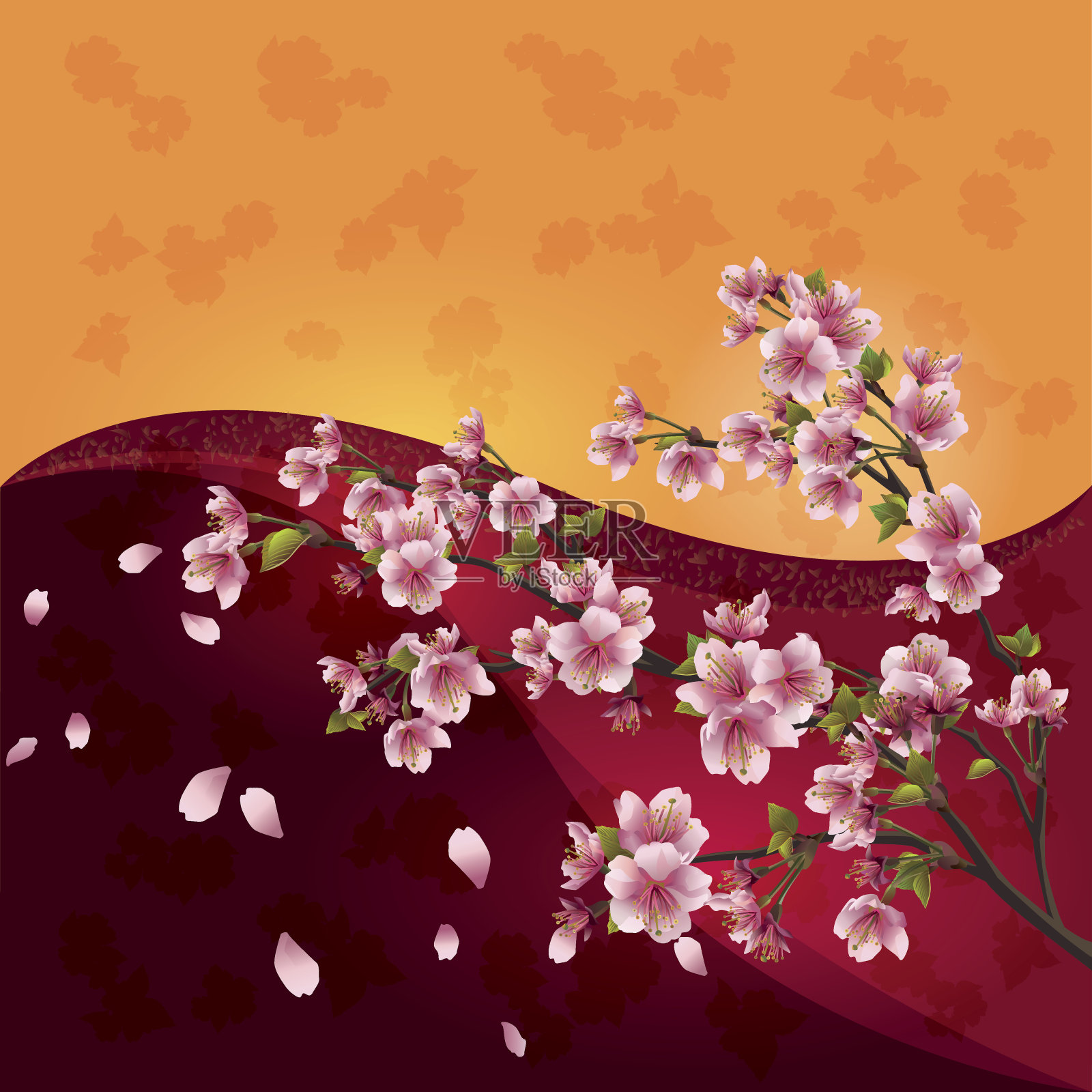 樱花-日本樱桃树在明亮多彩的背景插画图片素材