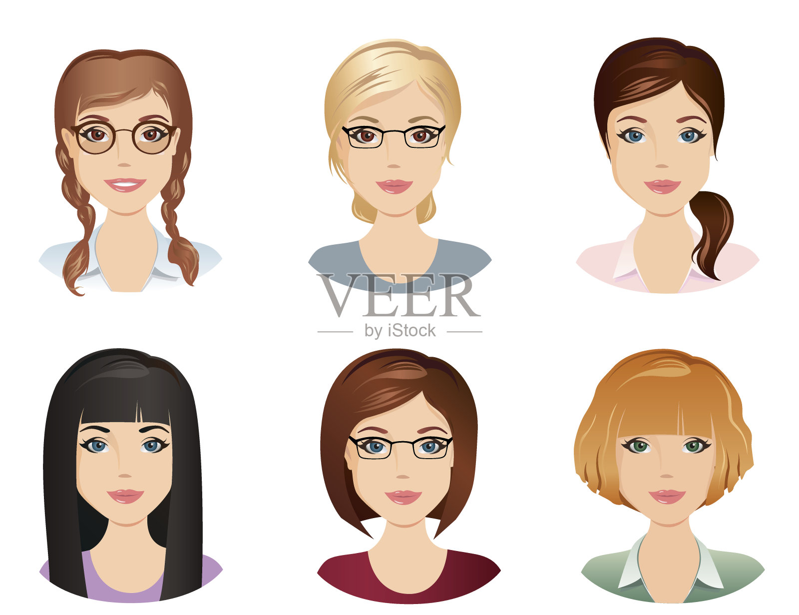 不同发型，女性、少女、青年、女性，一组5种插画图片素材