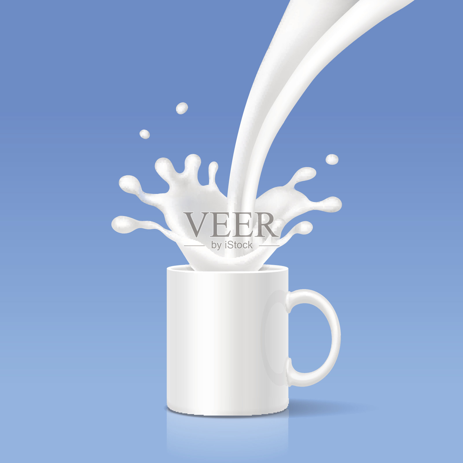 牛奶溅入一个白色的杯子里。现实的向量插画图片素材