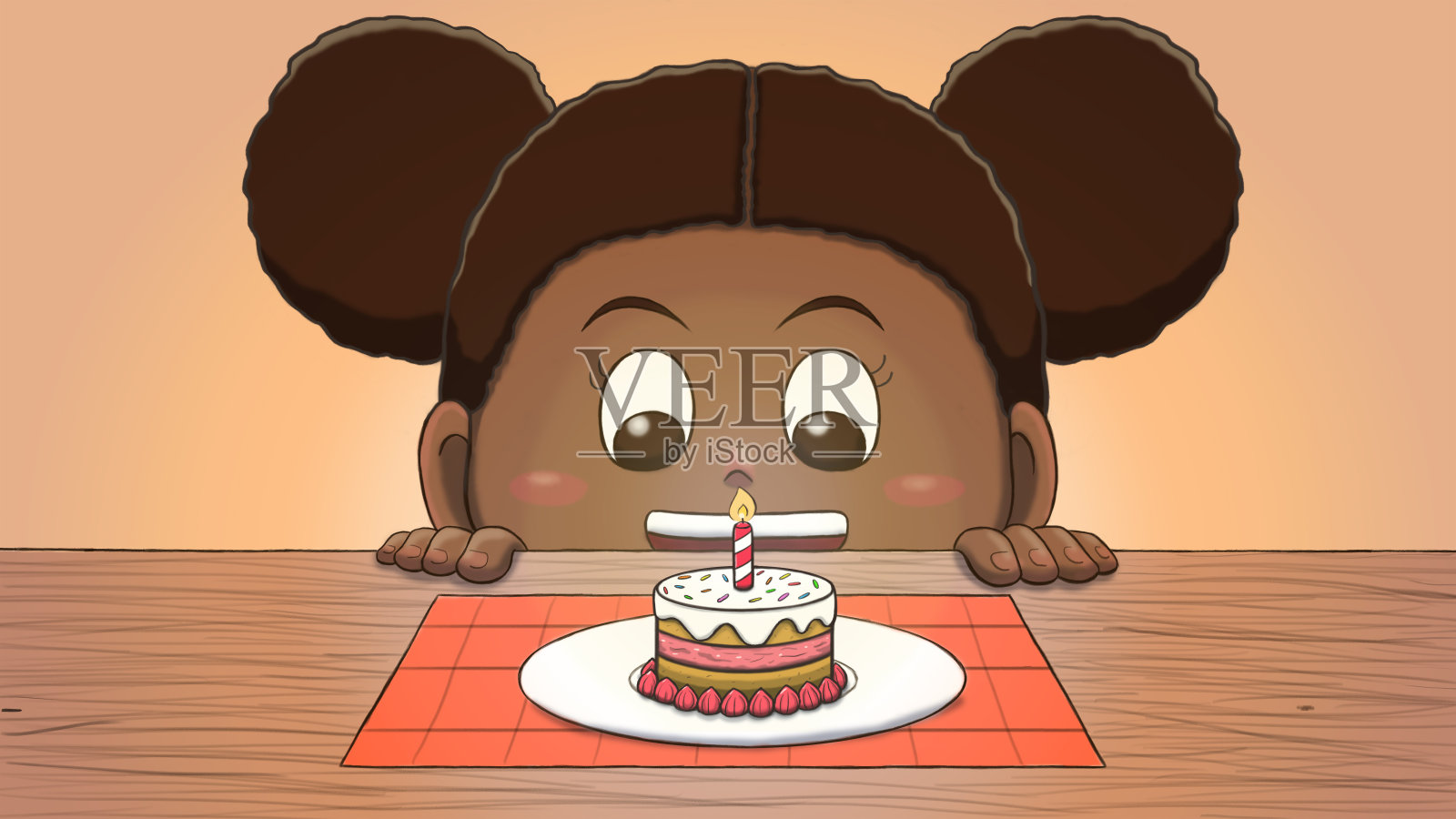黑女孩看着迷你生日蛋糕插画图片素材