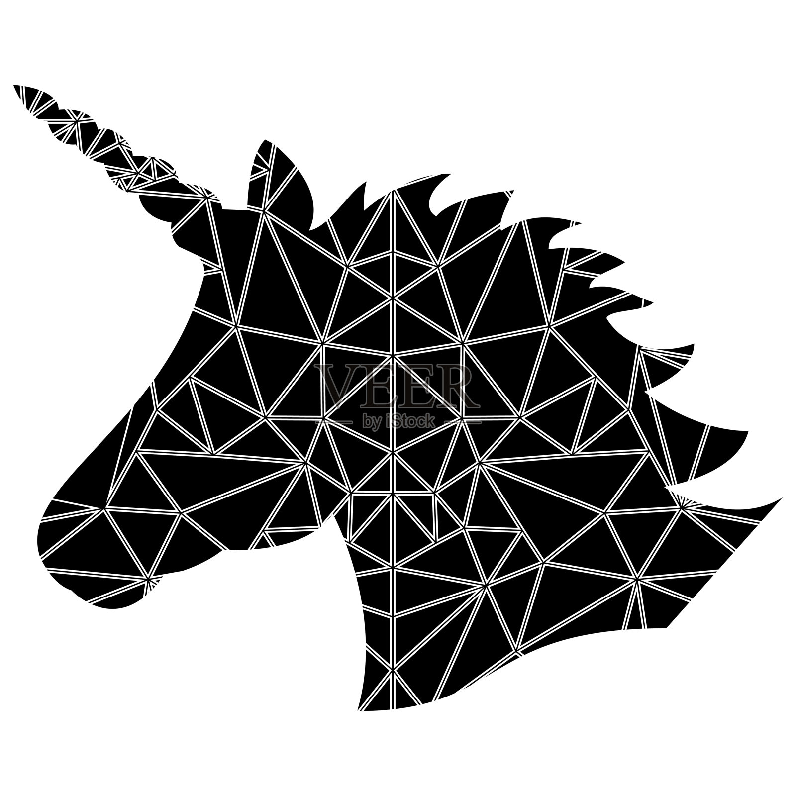 形状剪影的魔法独角兽在白色的背景和斯堪的纳维亚风格的多边形三角形图案在黑白插画图片素材
