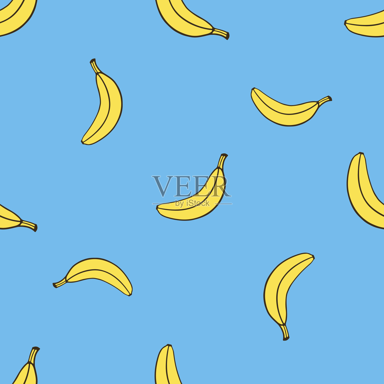 矢量插图。无缝图案与下降的黄色未剥皮香蕉波普艺术风格的蓝色背景。健康的素食。模式与轮廓插画图片素材