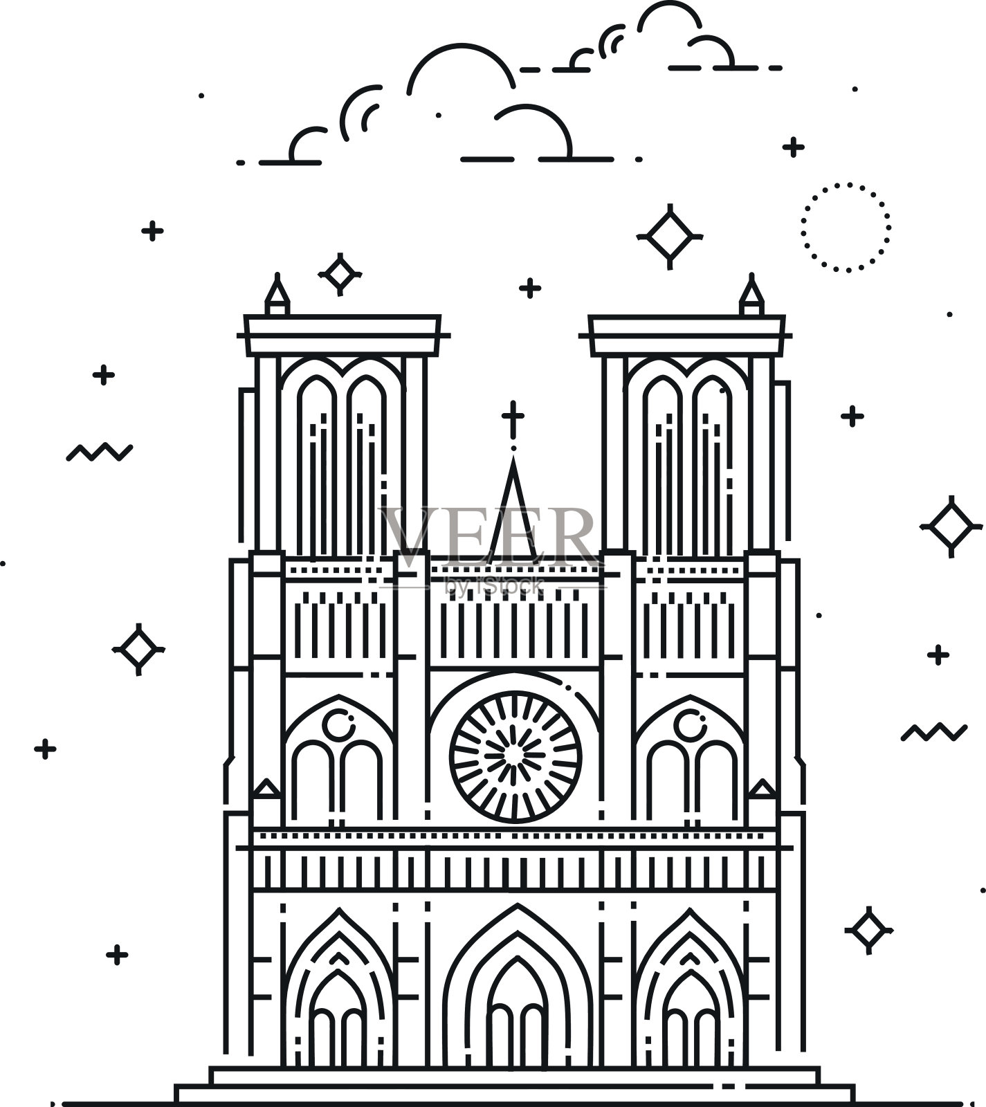 巴黎圣母院插图在轮廓风格。世界著名地标收藏。插画图片素材