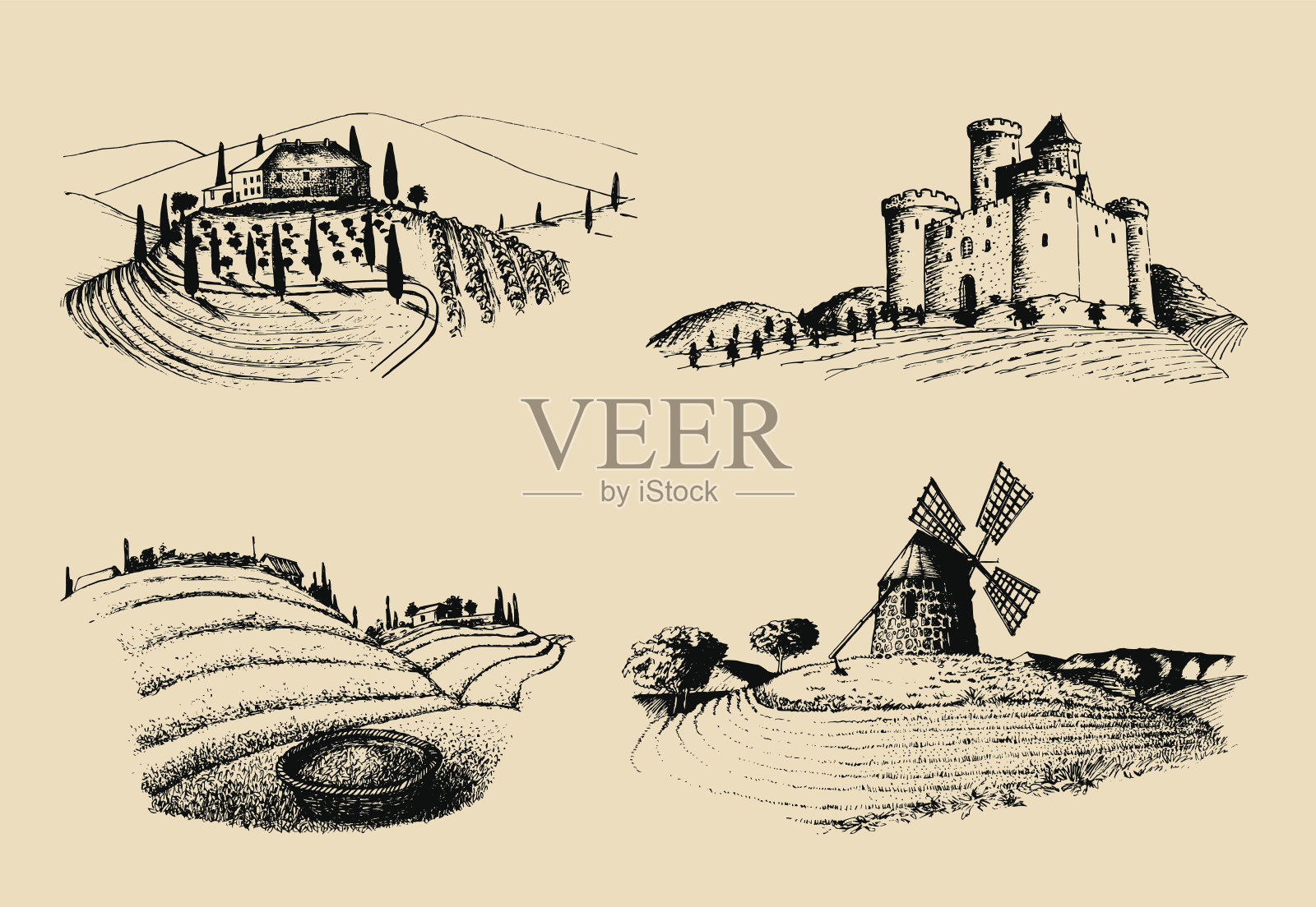 矢量农场景观插图设置。田野里的城堡、别墅、风车等素描。手绘农村。插画图片素材