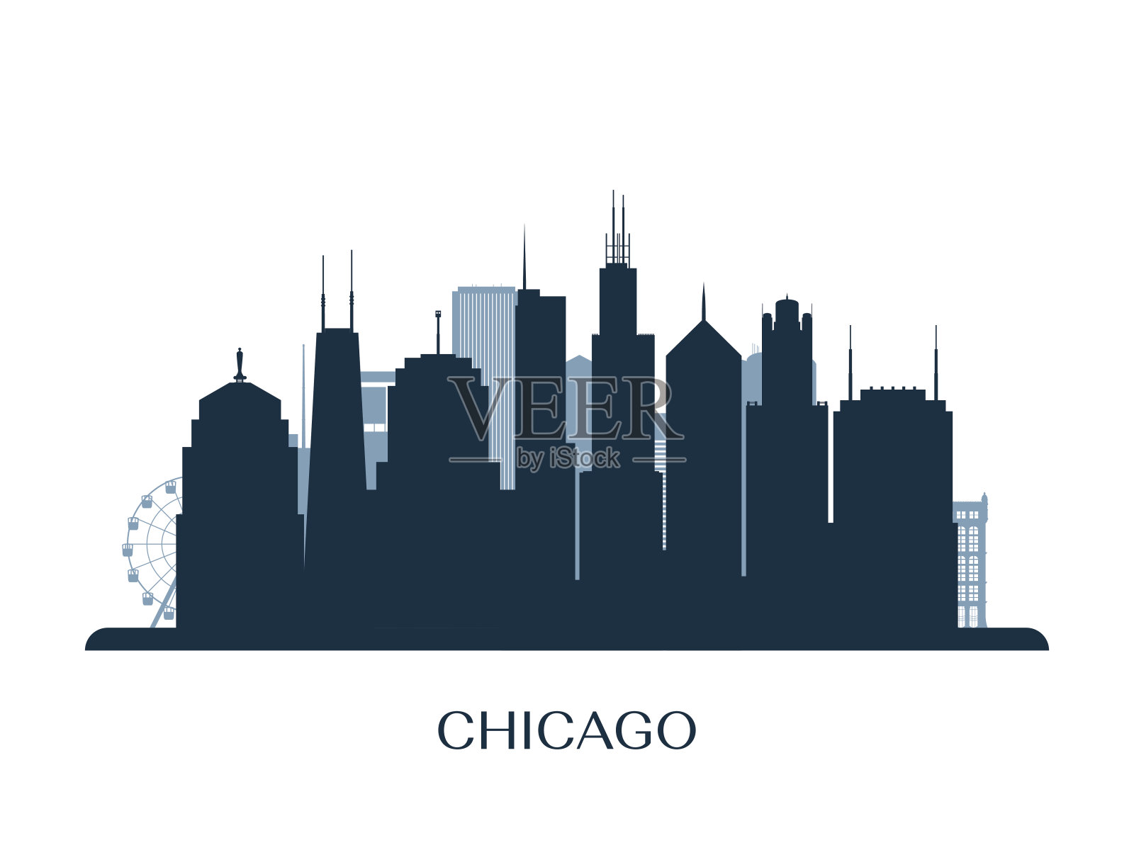 芝加哥的天际线，单色剪影。矢量插图。插画图片素材