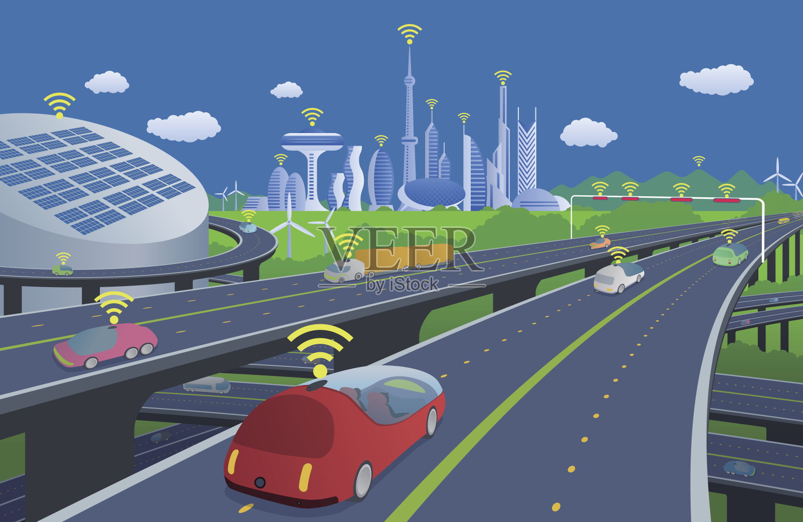 自动驾驶汽车和无线通信系统、物联网、智慧城市、智能交通、未来汽车社会、矢量插图插画图片素材