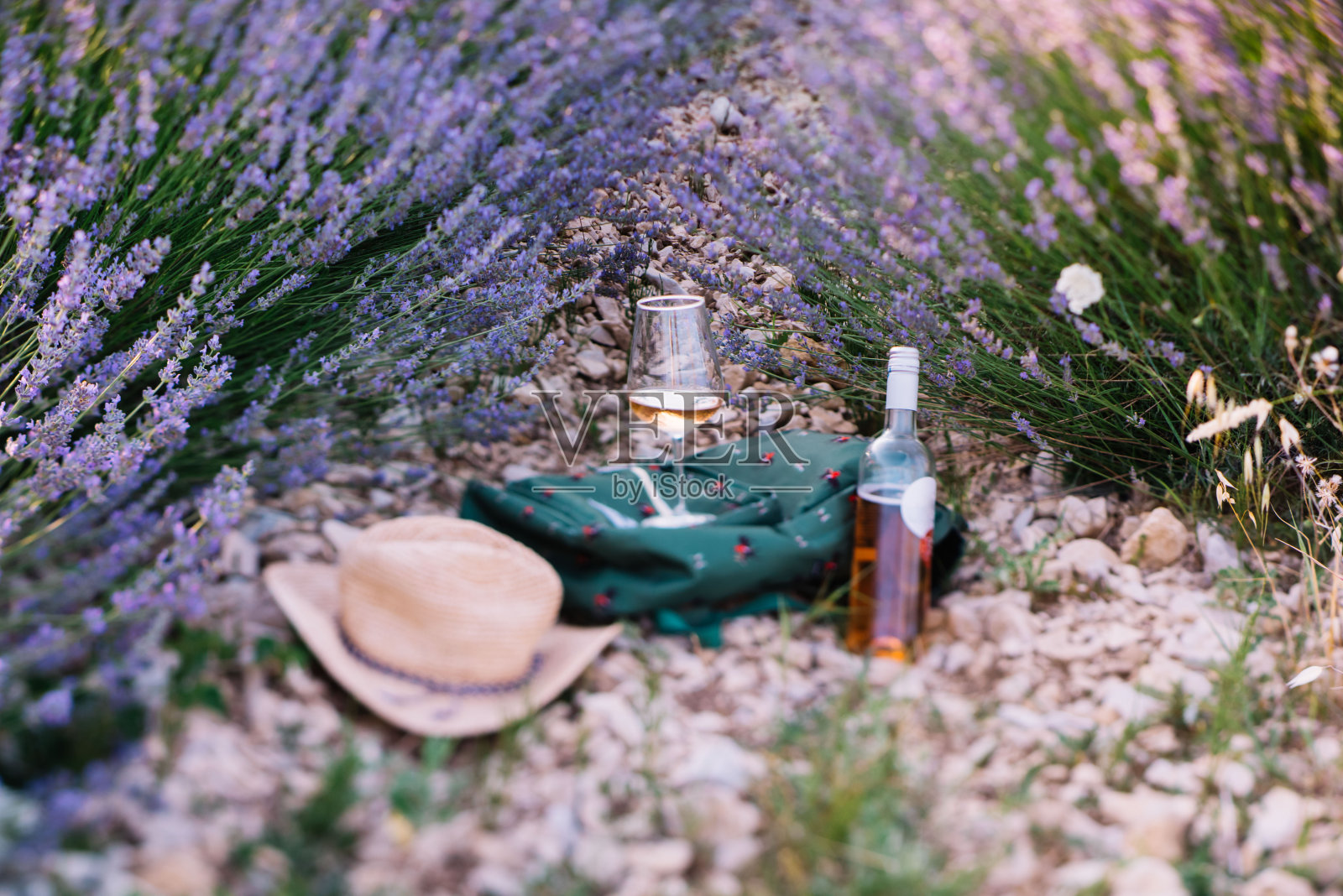 在法国南部普罗旺斯的薰衣草地里野餐。一杯玫瑰酒，一整瓶酒，一个旅行背包照片摄影图片