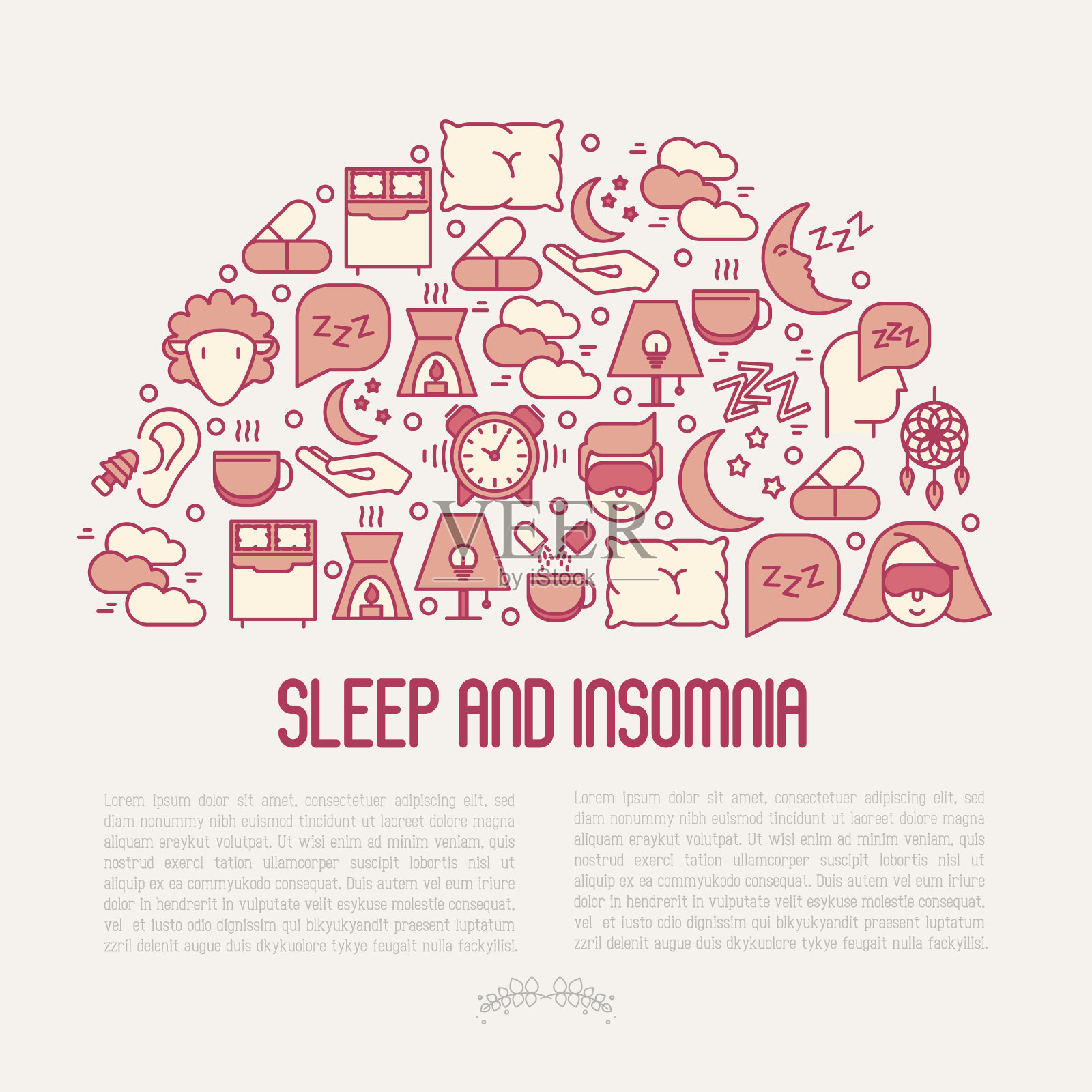 睡眠和失眠概念与细线图标:男人在睡眠面具，舒适的枕头，闹钟，香薰灯，耳塞，羊。矢量插图的旗帜，网页，印刷媒体。插画图片素材