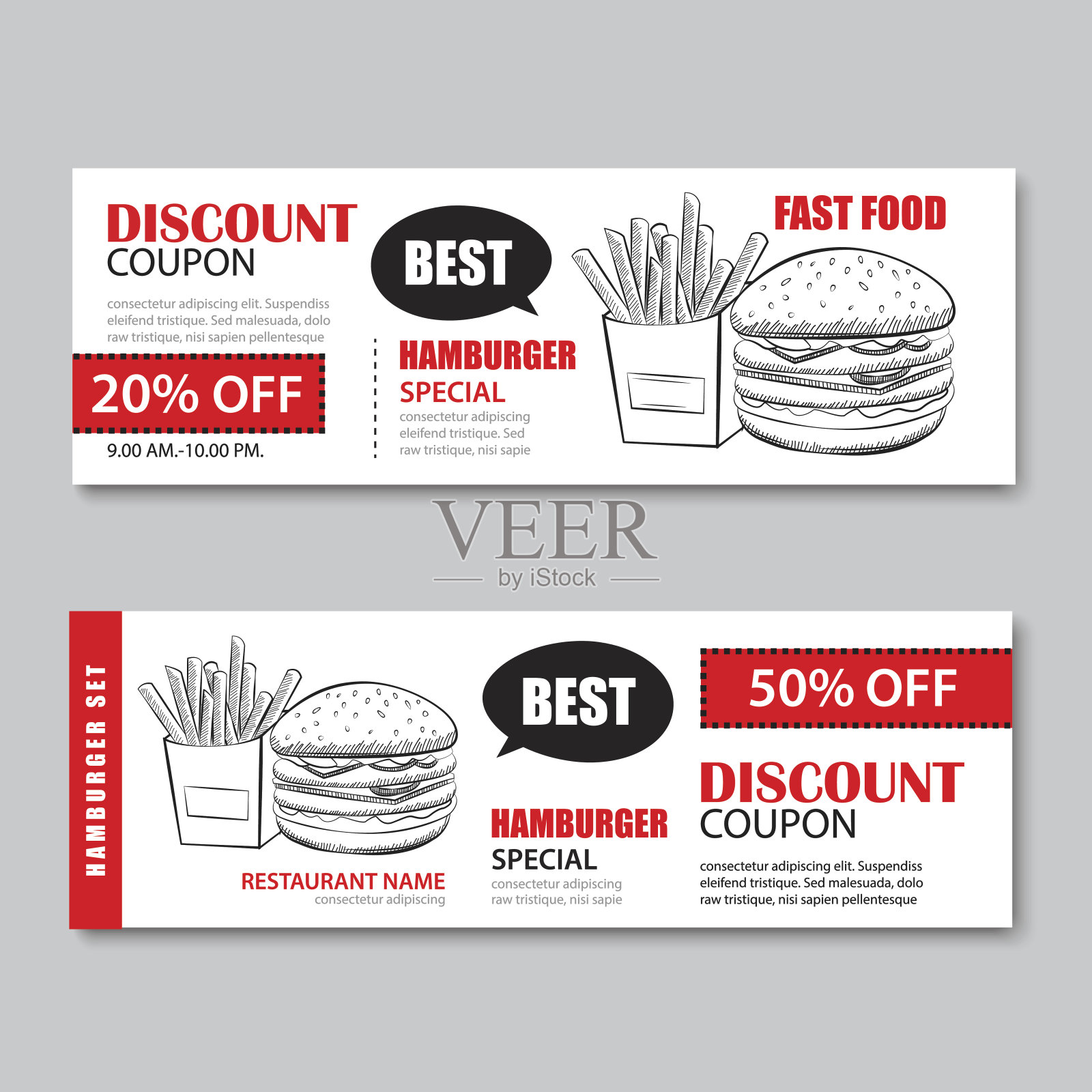 快餐礼品券及促销优惠券折扣模板平面设计。向量集的汉堡，炸薯条手绘背景。设计模板素材
