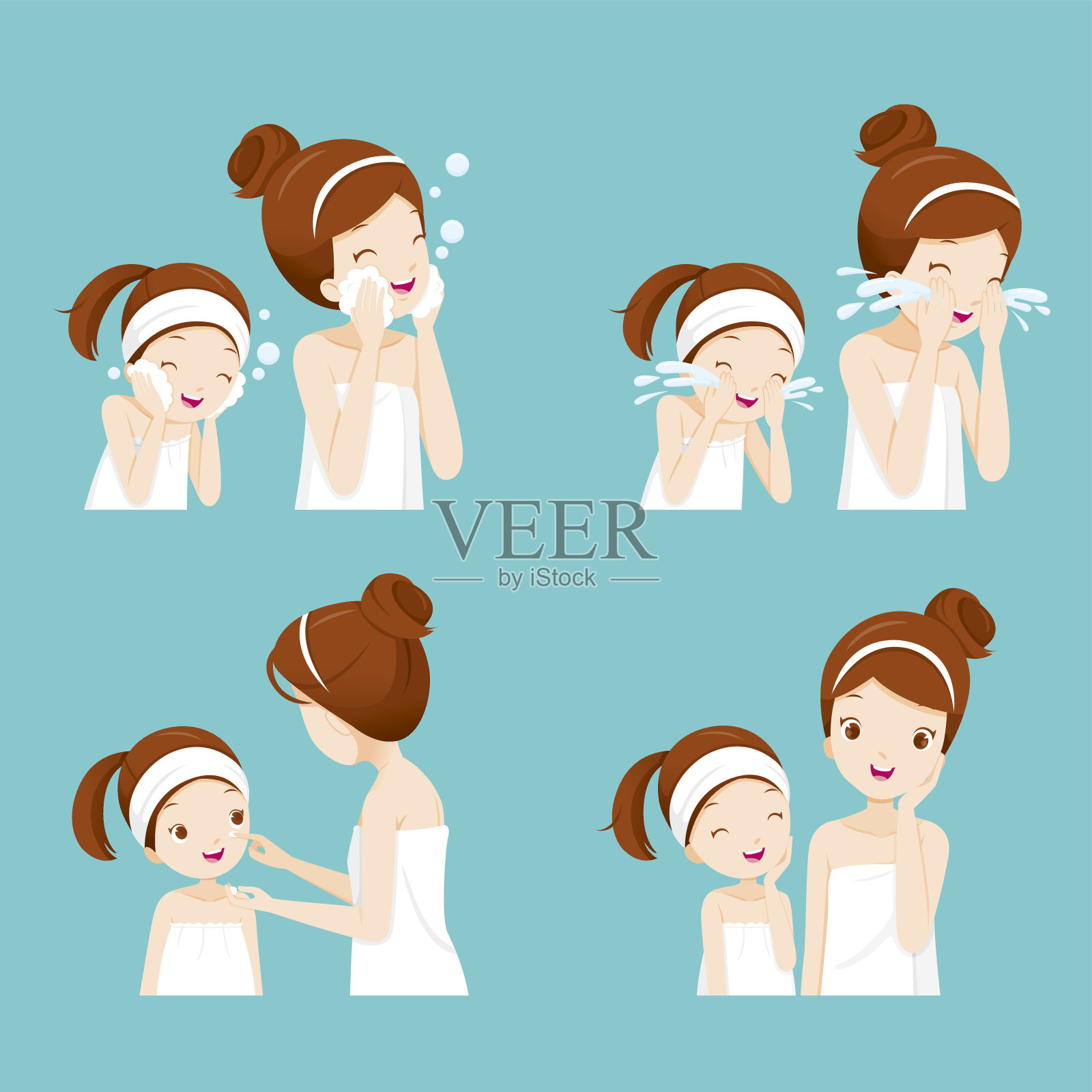 一套母亲和女儿清洁和护理她的脸插画图片素材