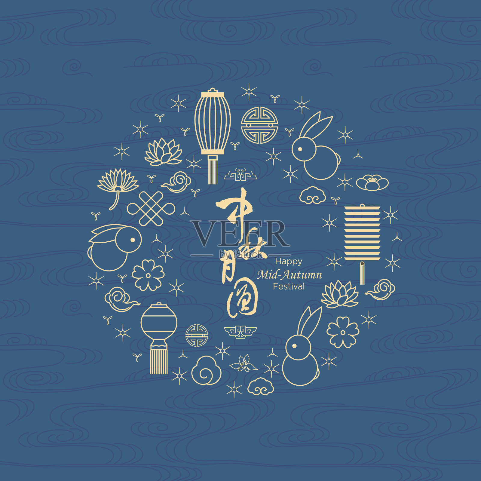 中国中秋节的象征，汉字“中秋”-线形图标集。插画图片素材