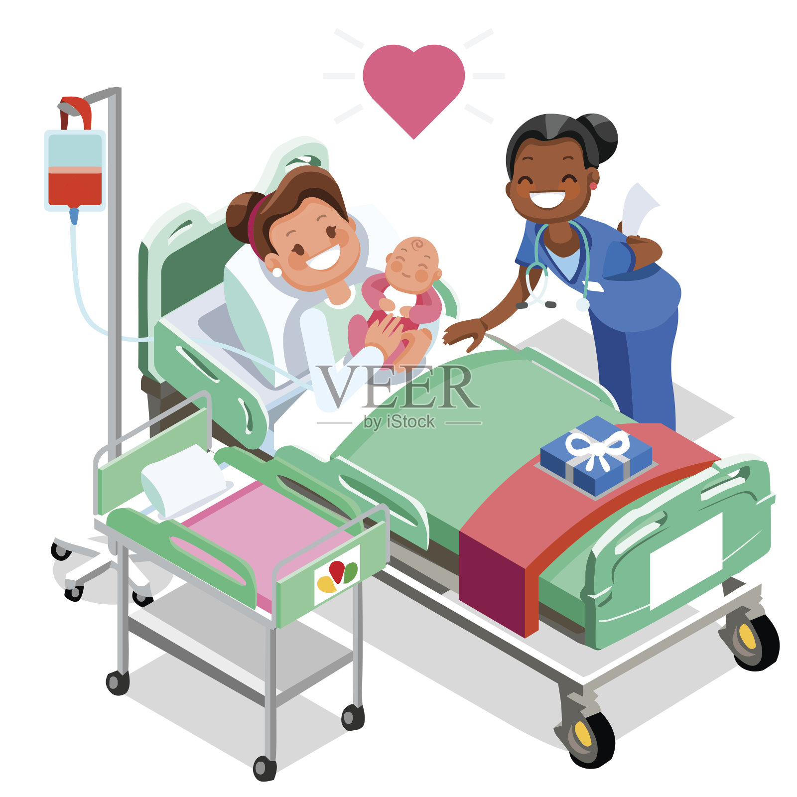 护士与婴儿医生或护士病人等距人物卡通插画图片素材