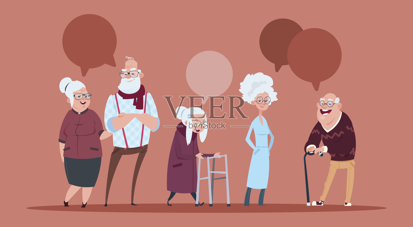 一群老年人与聊天泡泡与手杖行走现代祖父和祖母全长插画图片素材