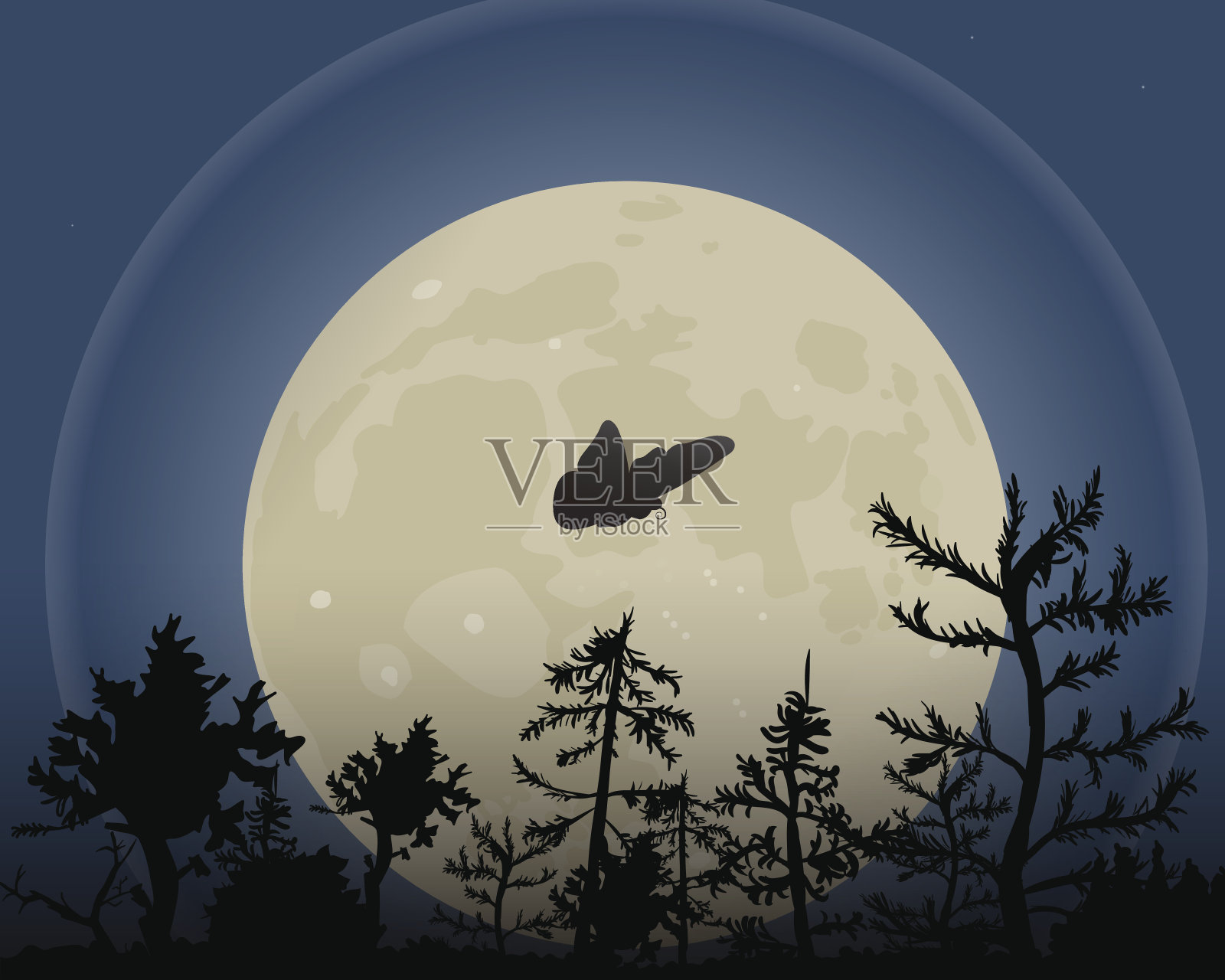 夜空与月亮矢量插图。一只飞蛾飞过森林。插画图片素材