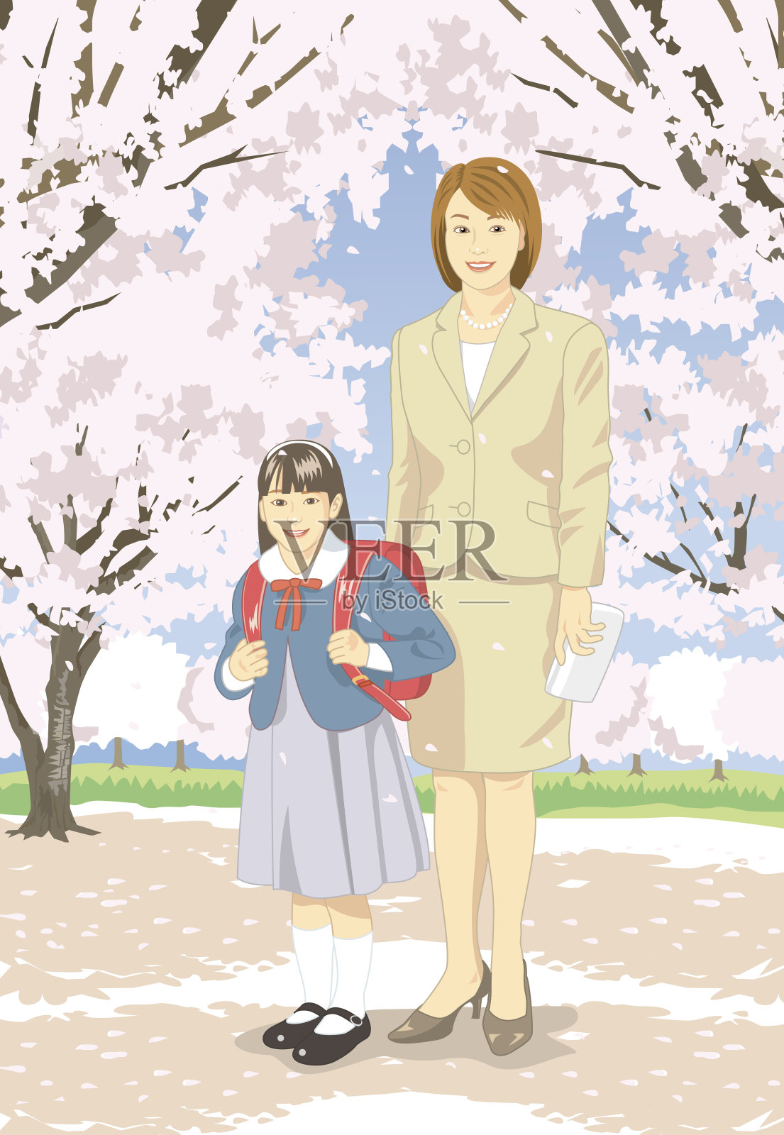 在樱桃的母亲和小学入学仪式上插画图片素材