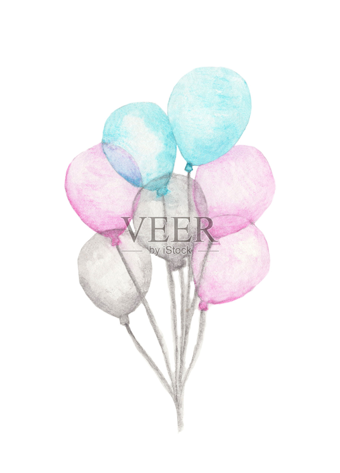 水彩彩色气球束孤立在白色的背景。问候对象的艺术设计元素图片