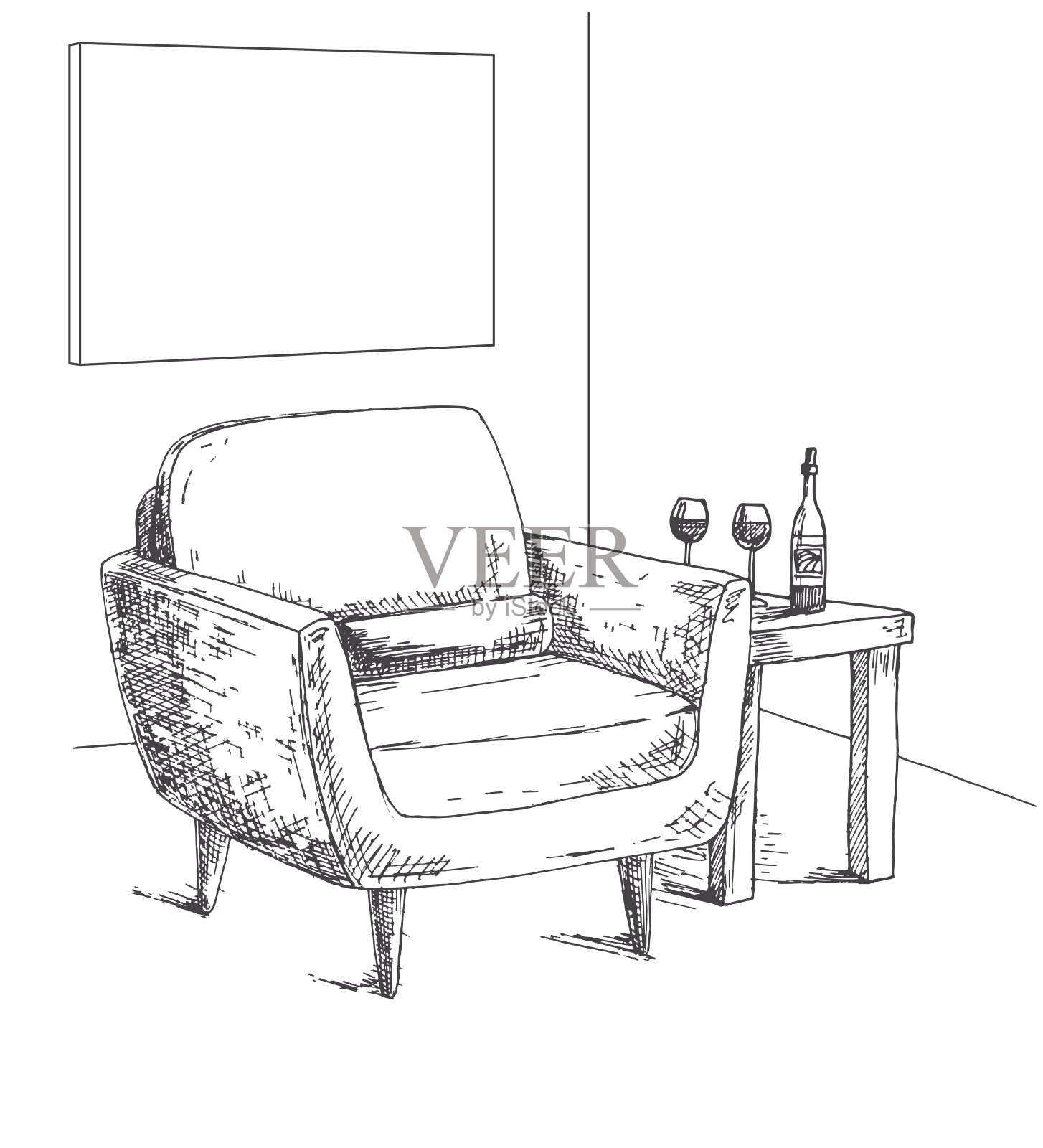 扶手椅，咖啡桌，一个玻璃杯和一个瓶子。挂在墙上的相框，用来展示你的信息。手绘矢量插图的草图风格。插画图片素材