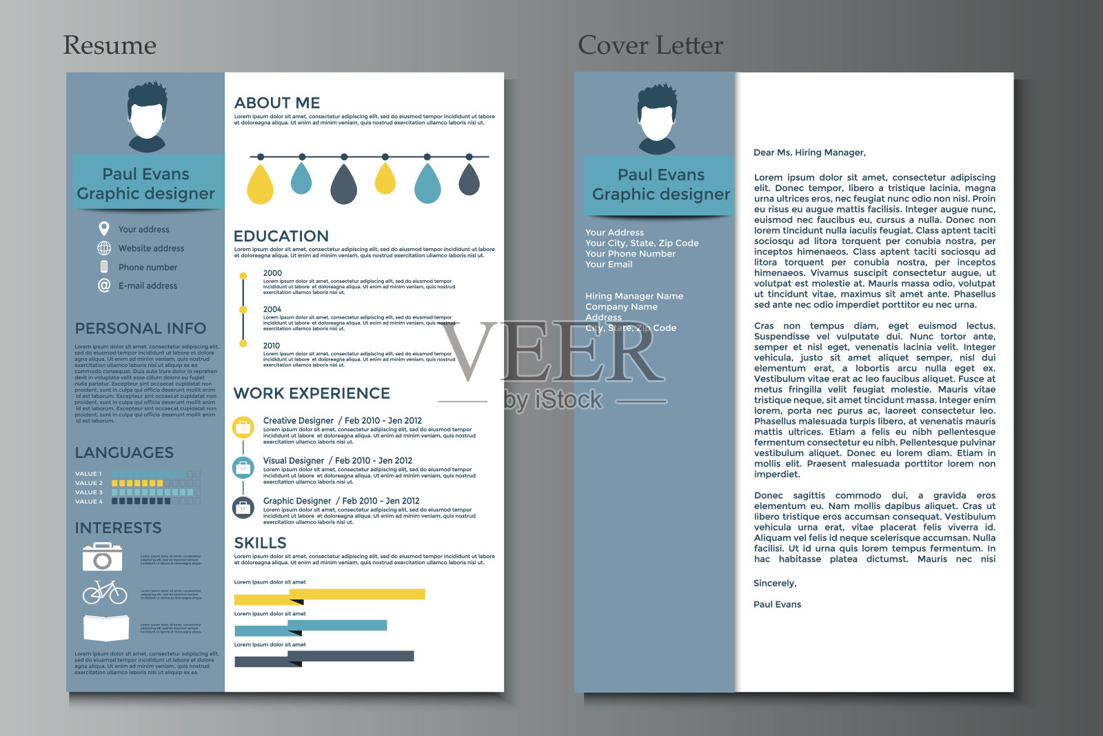 收集简历和求职信。现代CV设置与信息图表元素。插画图片素材