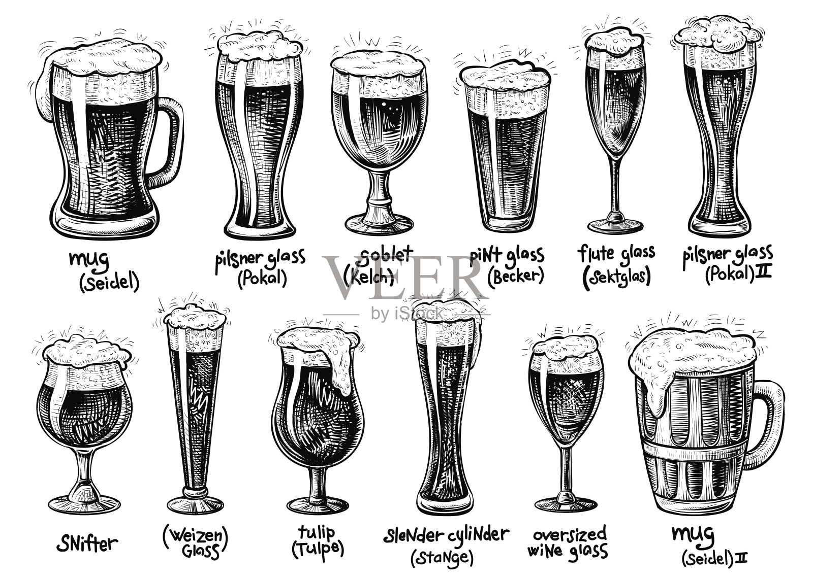 啤酒杯和马克杯类型。矢量手绘复古插图。插画图片素材