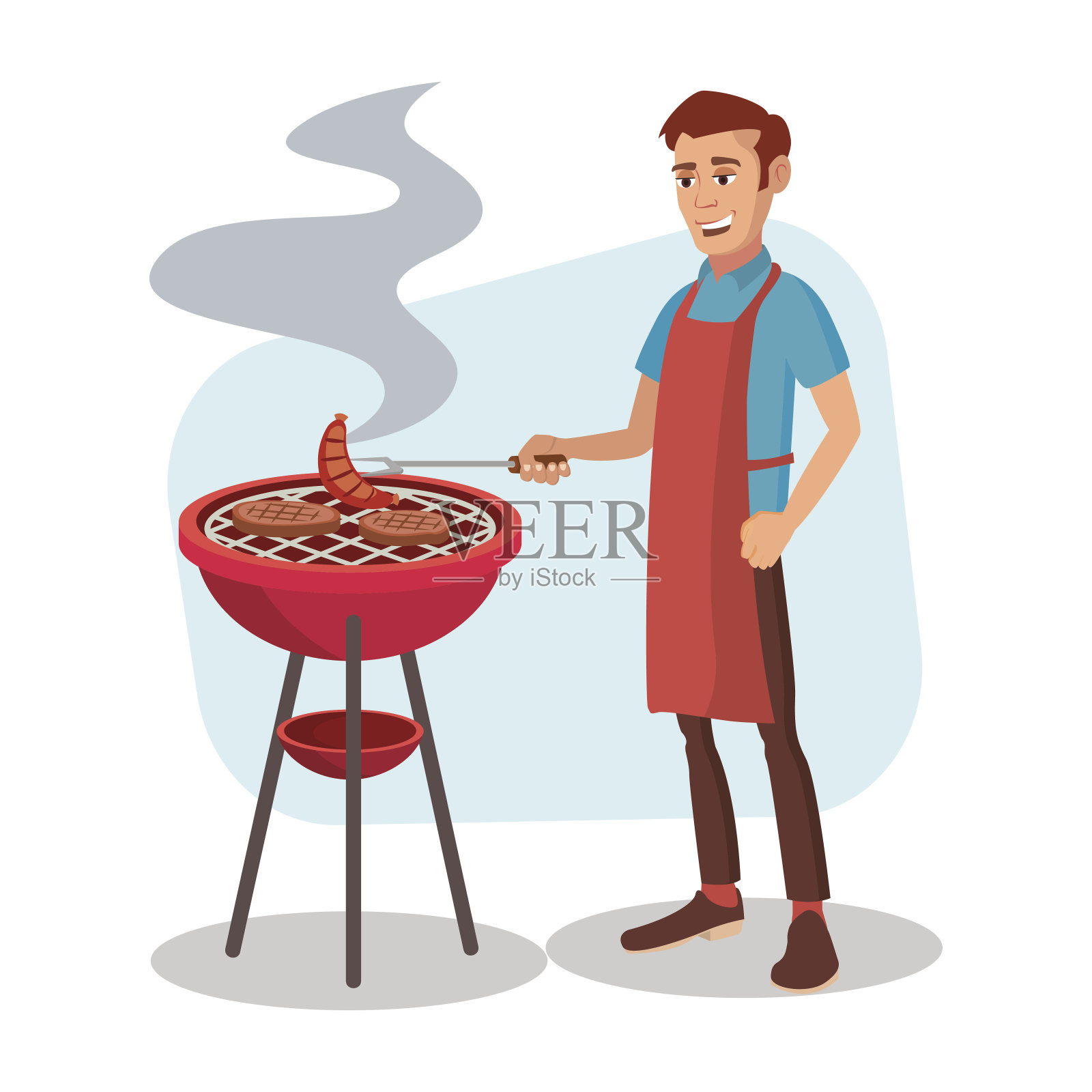 烧烤烹饪向量。男人烹饪烧烤肉。孤立的平面卡通人物插图插画图片素材