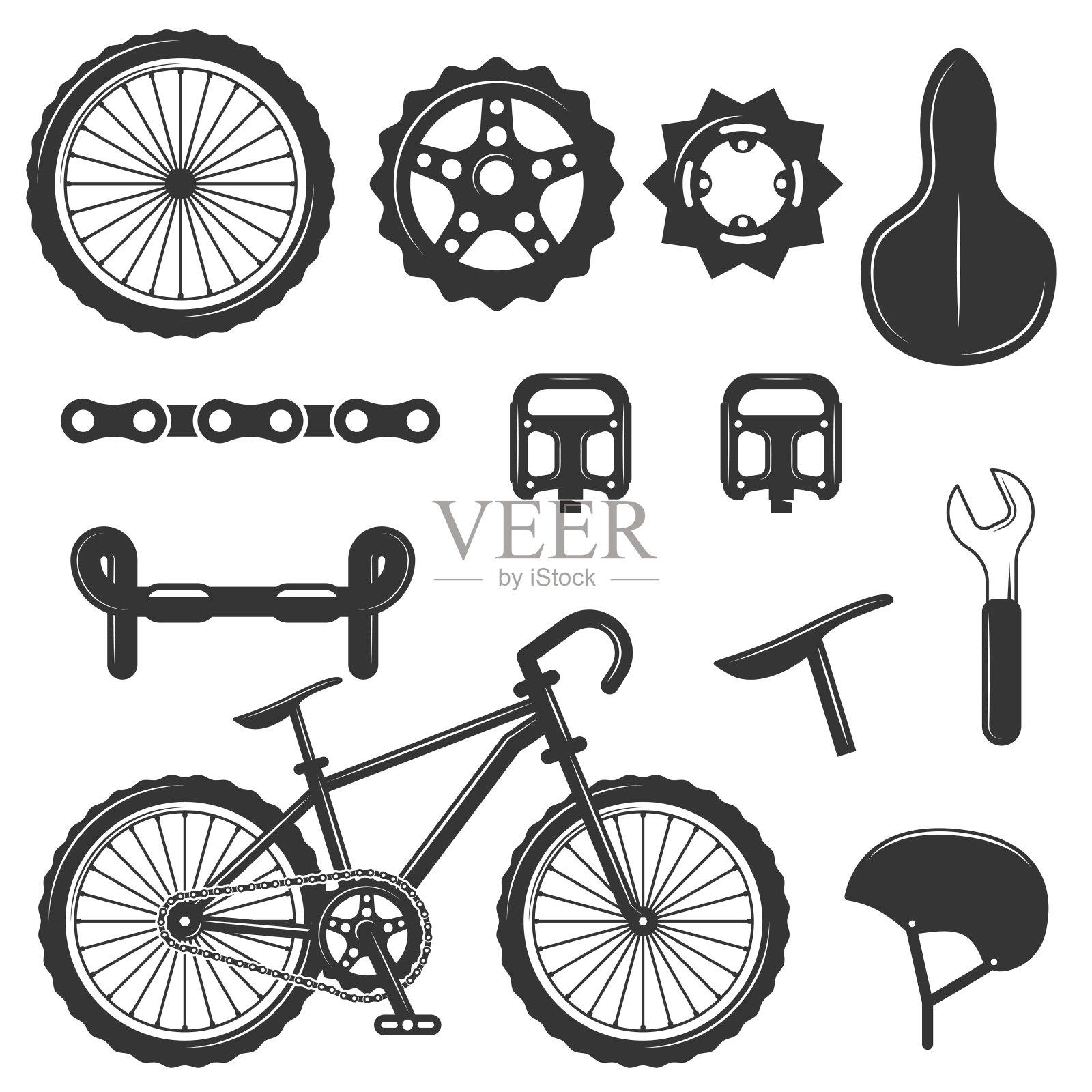 矢量自行车零件孤立的图标集。黑白自行车符号和设计元素图标素材