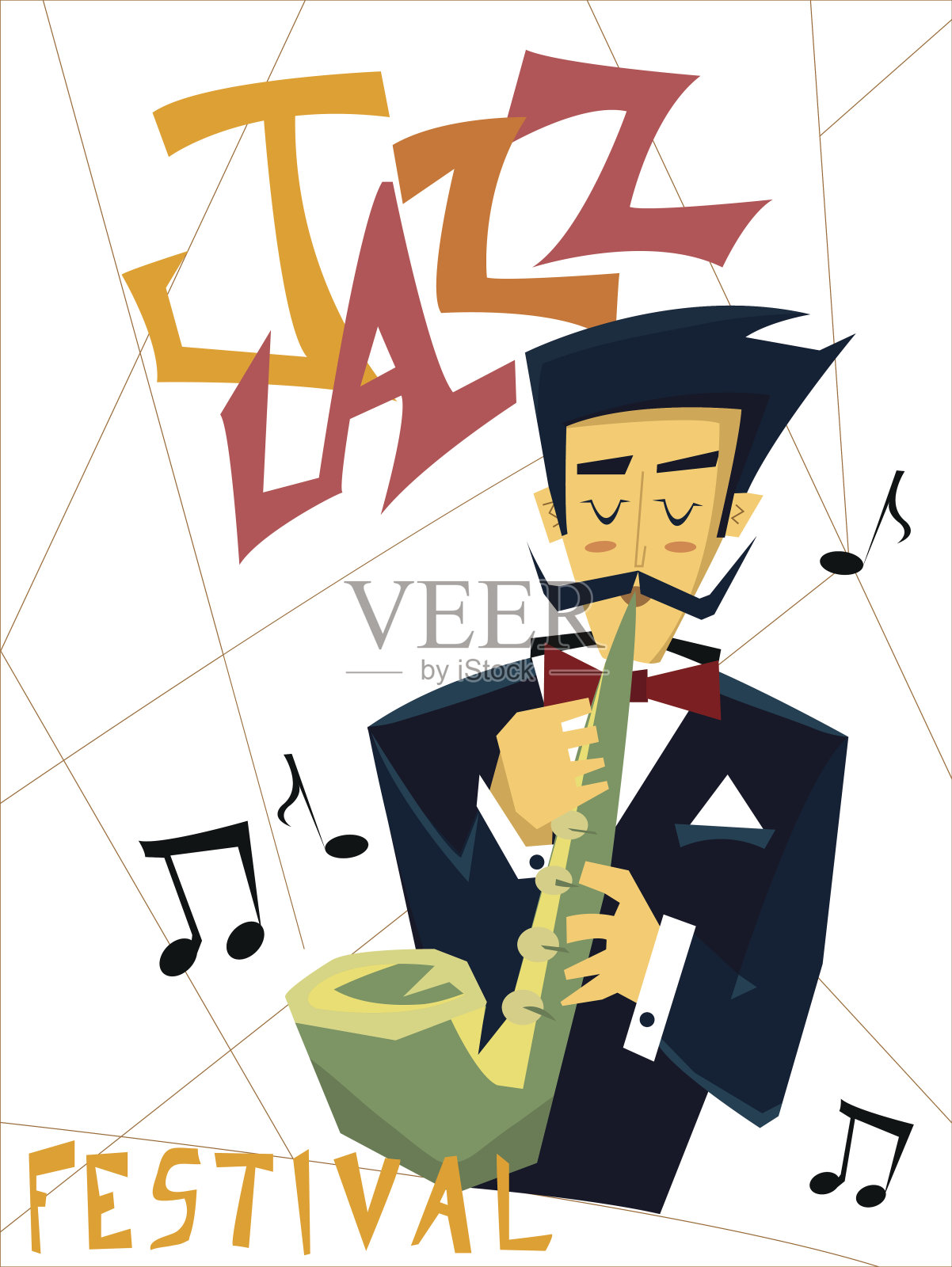 爵士音乐会海报模板。一个男人吹萨克斯。矢量插图。插画图片素材