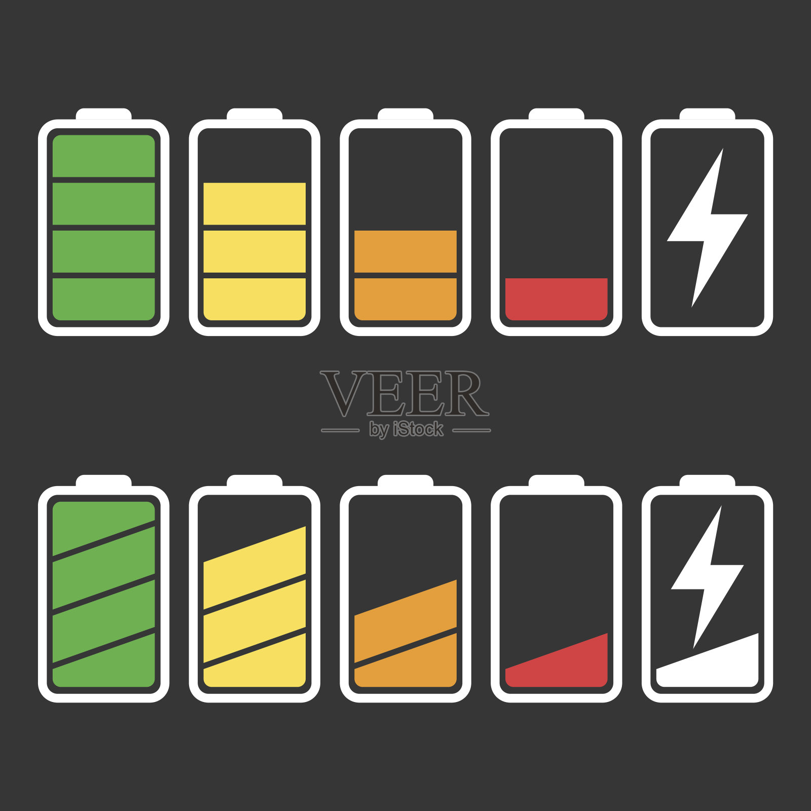 电池图标矢量设置孤立的黑色背景。电池电量的符号，满和低。电池功率平度矢量图。图标素材