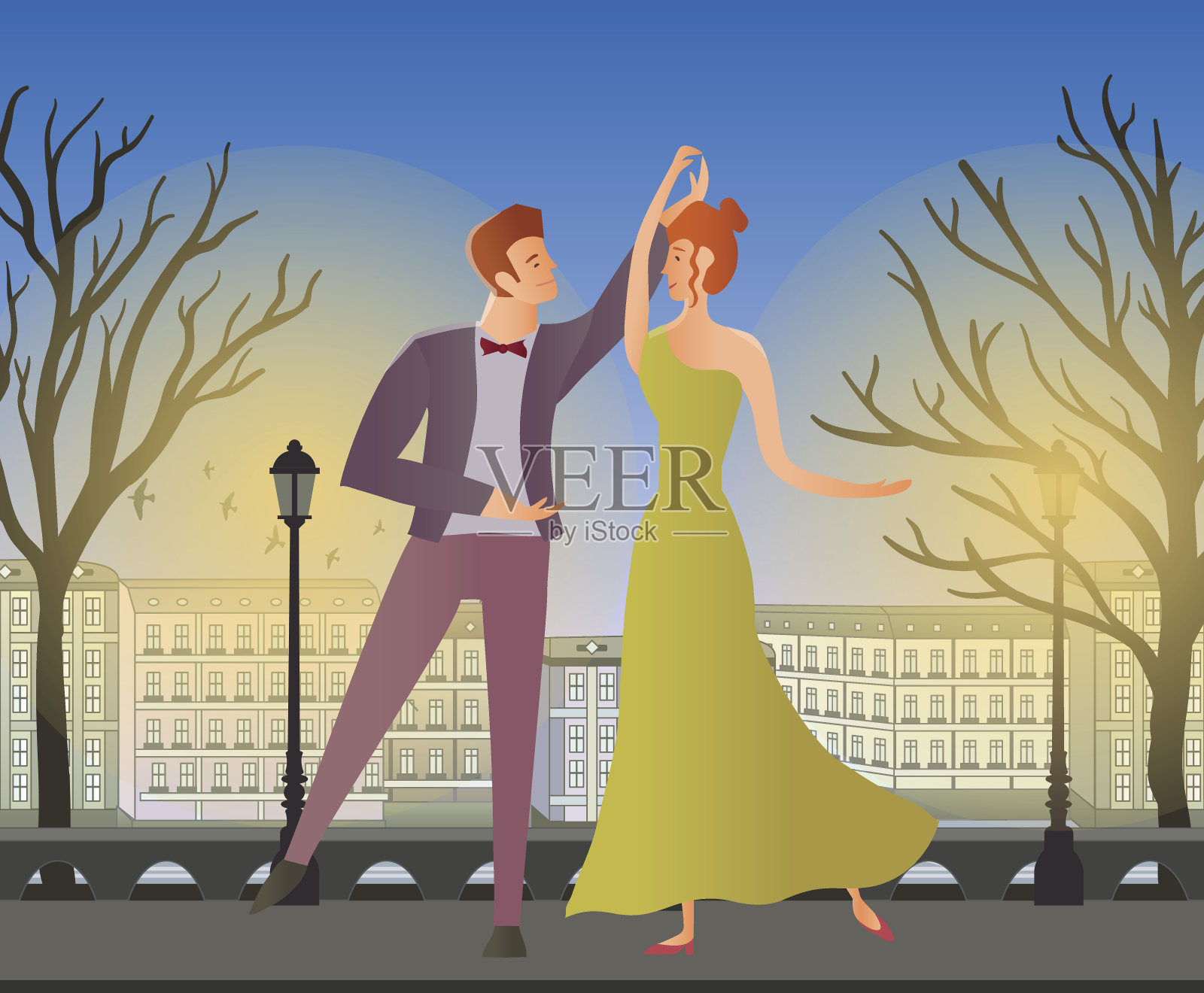 年轻的夫妇。男男女女在老城区的街道上跳交际舞。矢量插图。插画图片素材