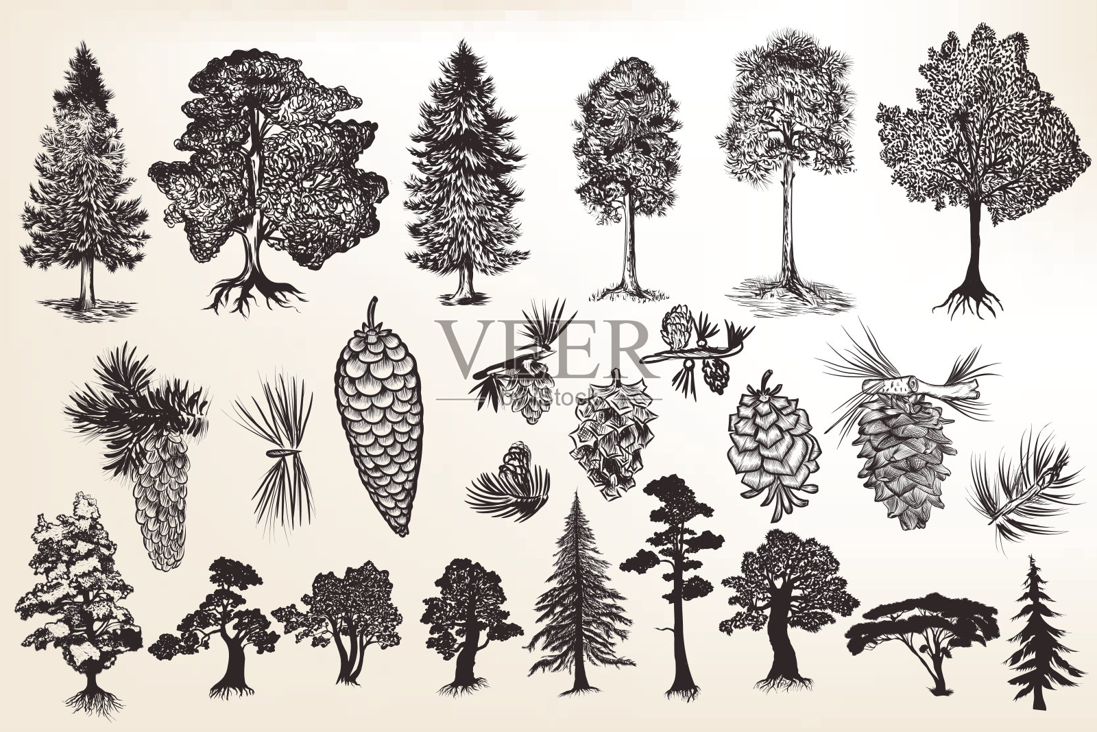 一套雕刻风格的手绘树木的集合或集合插画图片素材
