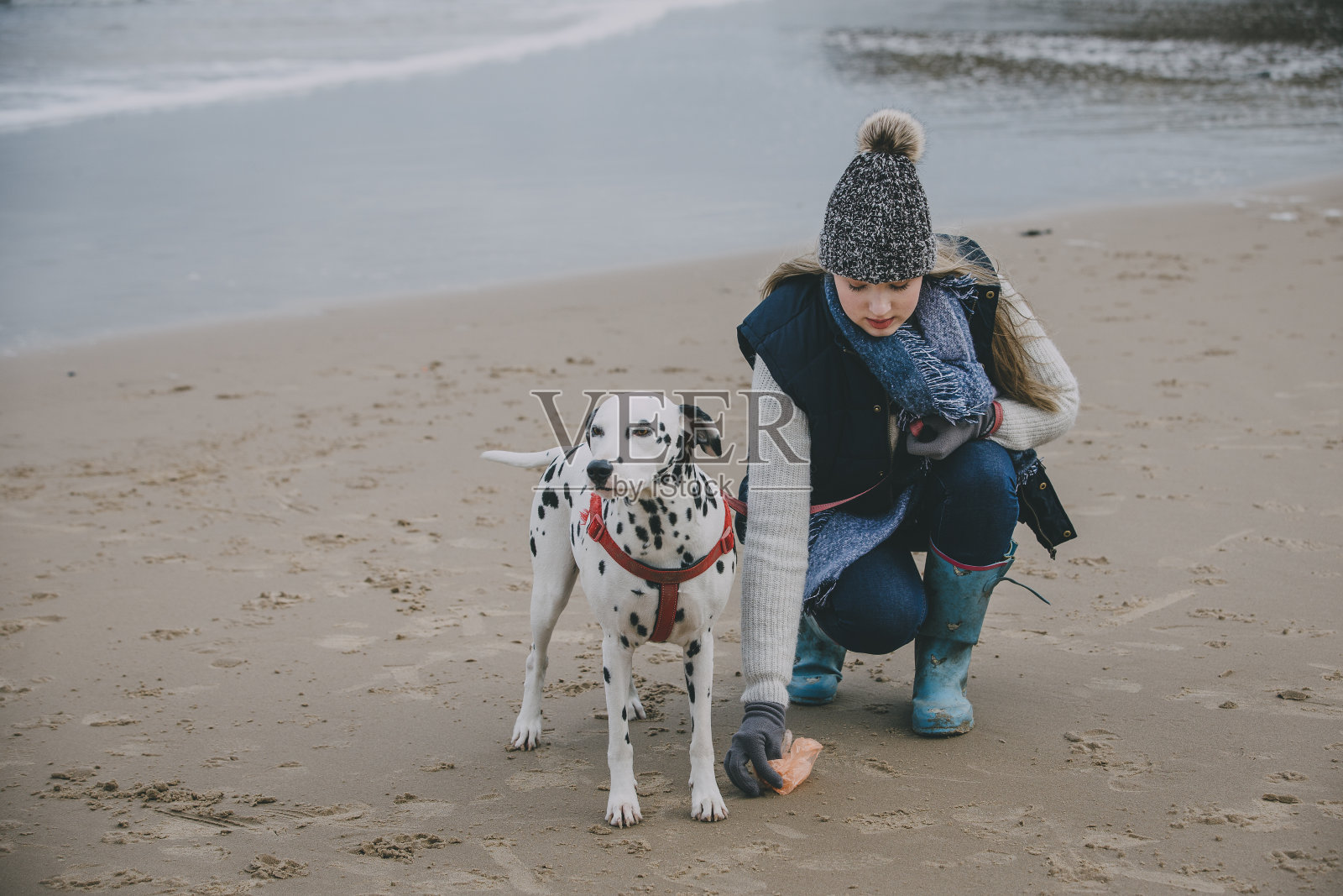 在冬天的海滩上带着狗的女人照片摄影图片