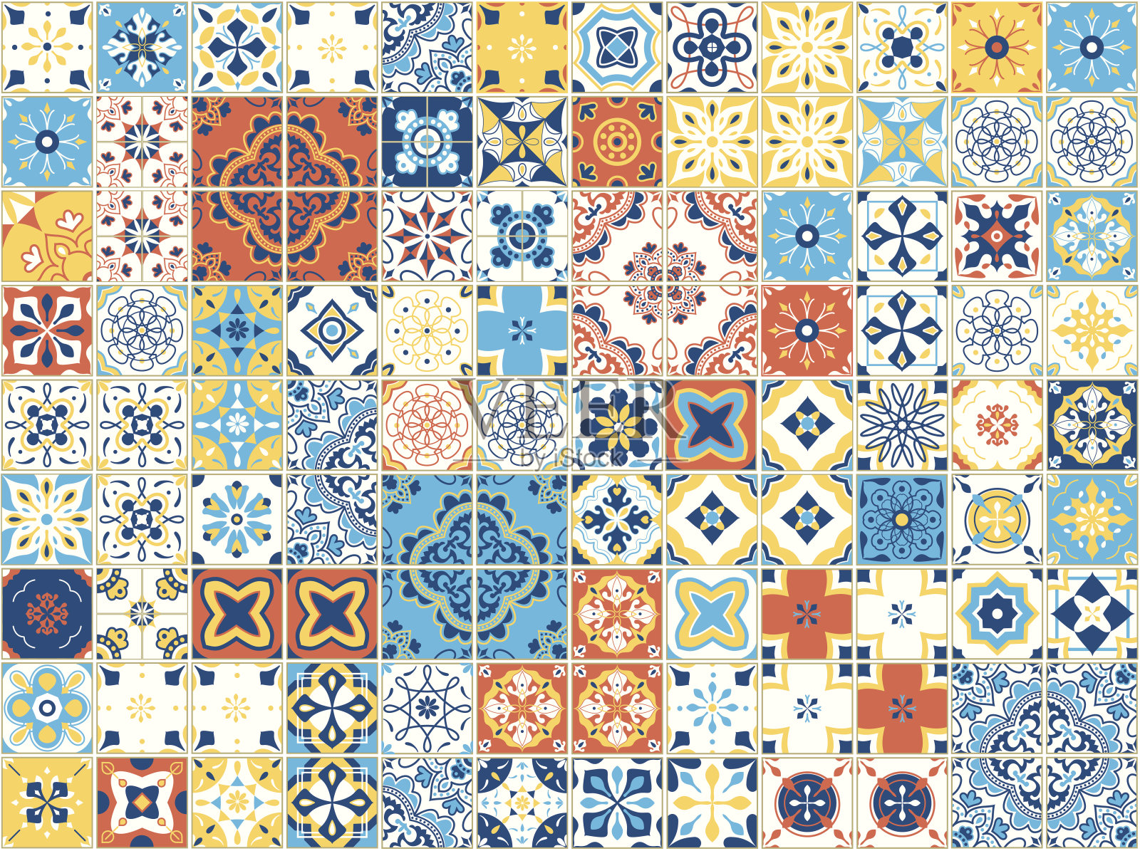无缝模式与葡萄牙瓷砖。矢量插图的Azulejo在白色的背景。地中海风格。多色设计插画图片素材