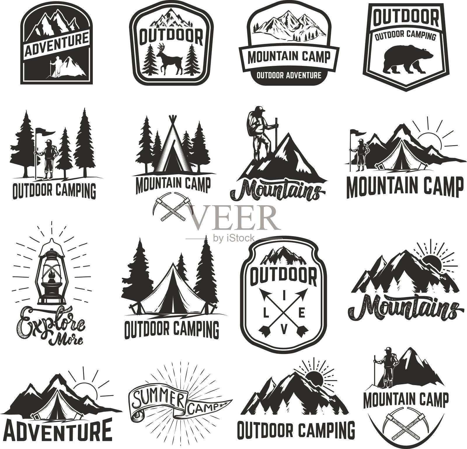 一组孤立在白色背景上的露营标志。徒步旅行、旅游、户外探险。插画图片素材