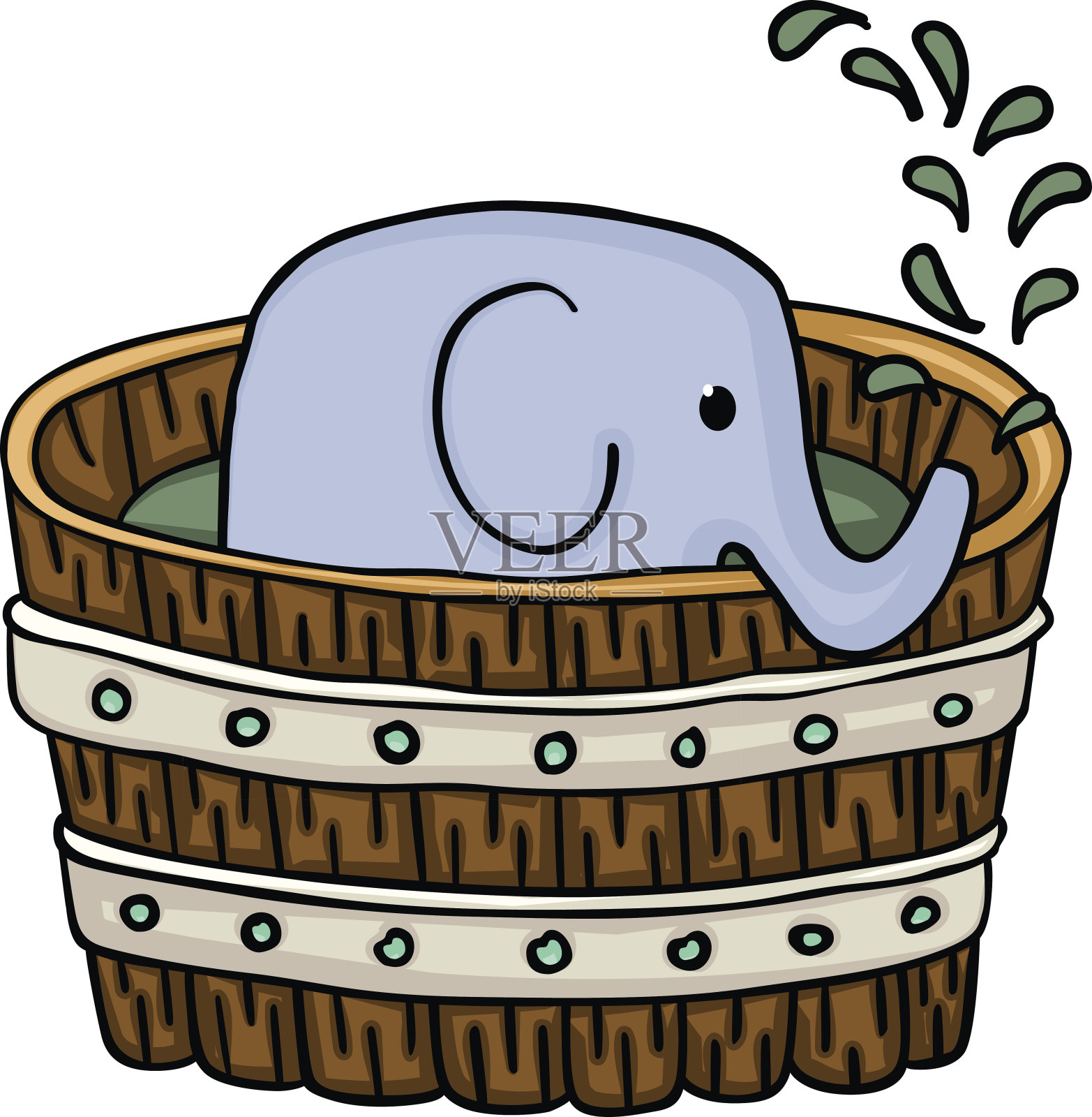 小象在木桶里洗澡插画图片素材