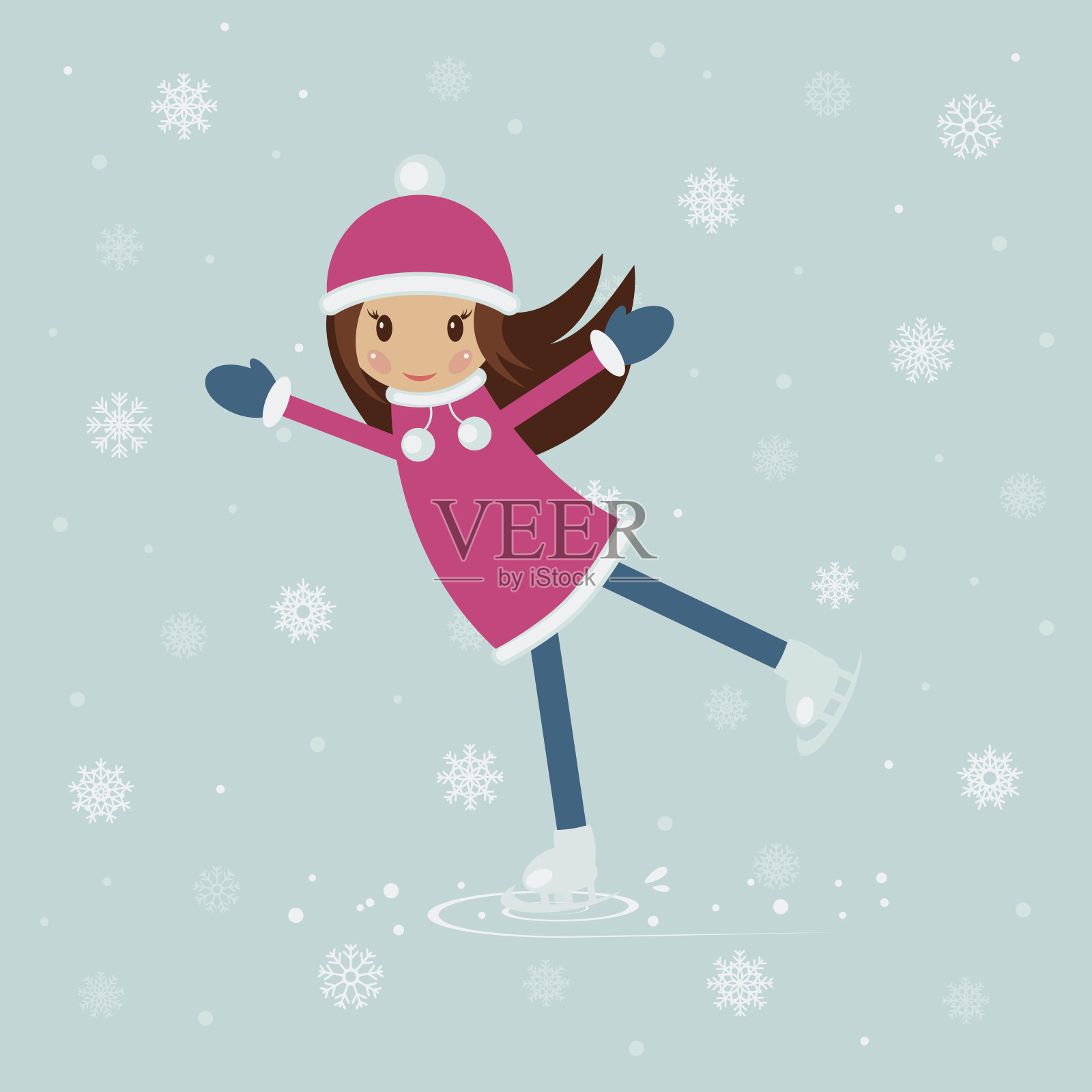 冬天，圣诞节，新年贺卡与女孩在滑冰场在蓝色的背景与雪花。完美的销售，活动横幅，传单，海报或打印，假日，生日或派对邀请。插画图片素材