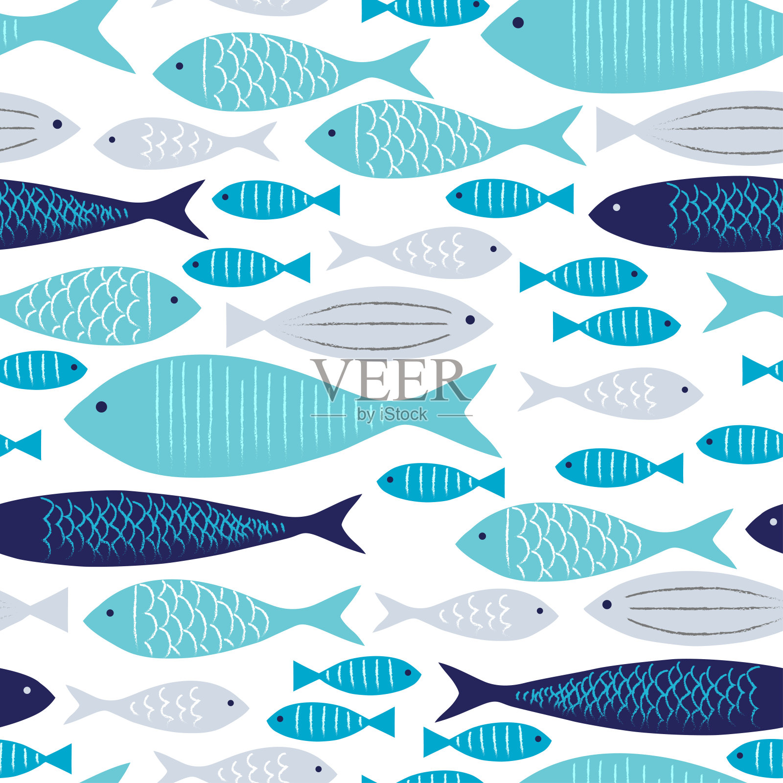蓝灰鱼无缝图案与白色背景。插画图片素材
