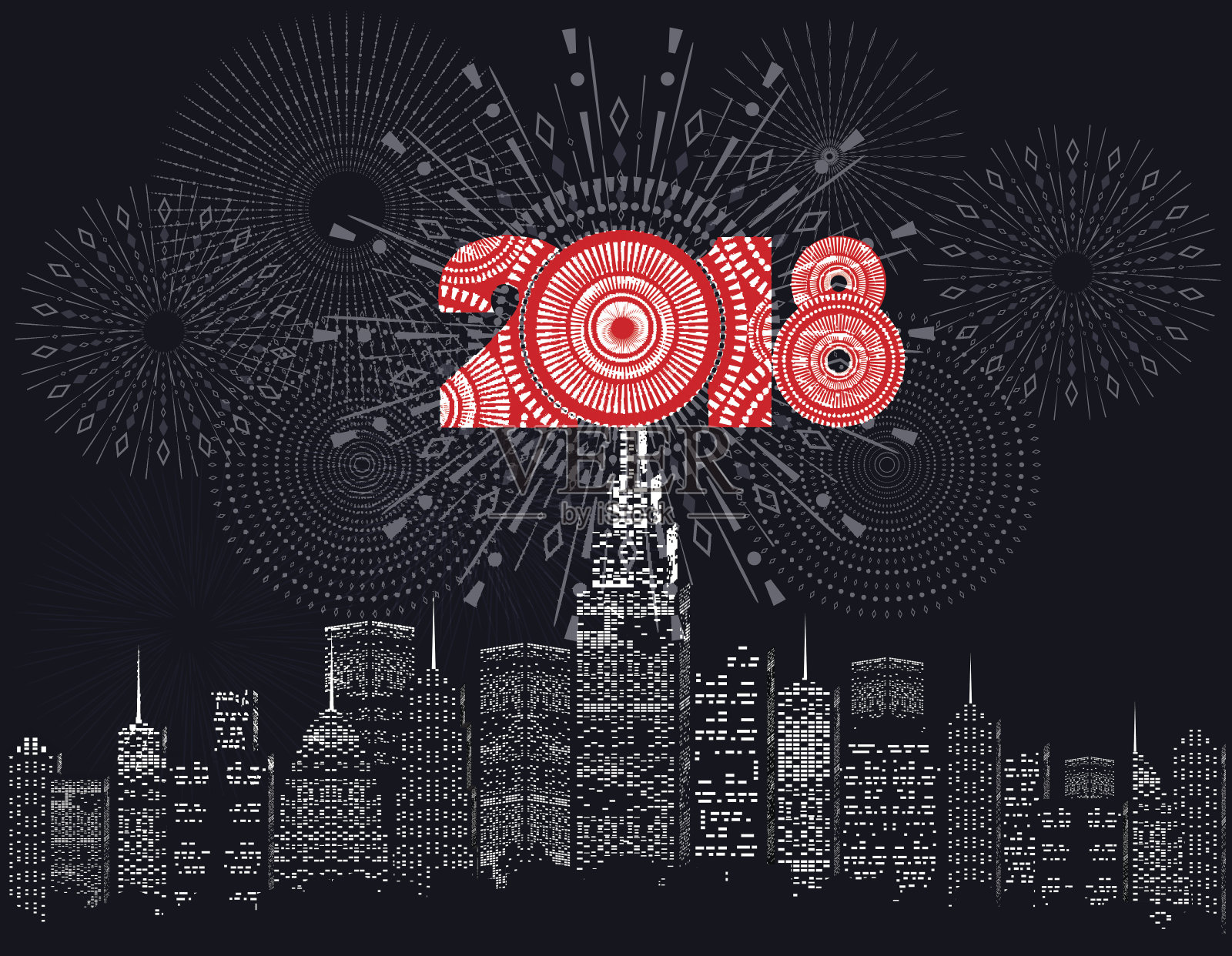 2018年新年快乐，用闪耀的烟花写，并带领插画图片素材
