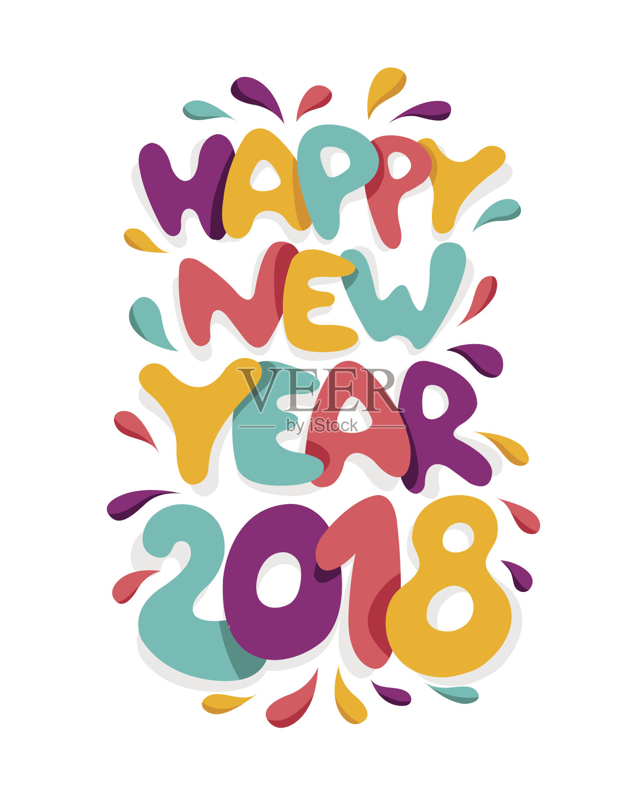 2018年新年快乐横幅上五颜六色的飞溅字母设计模板素材
