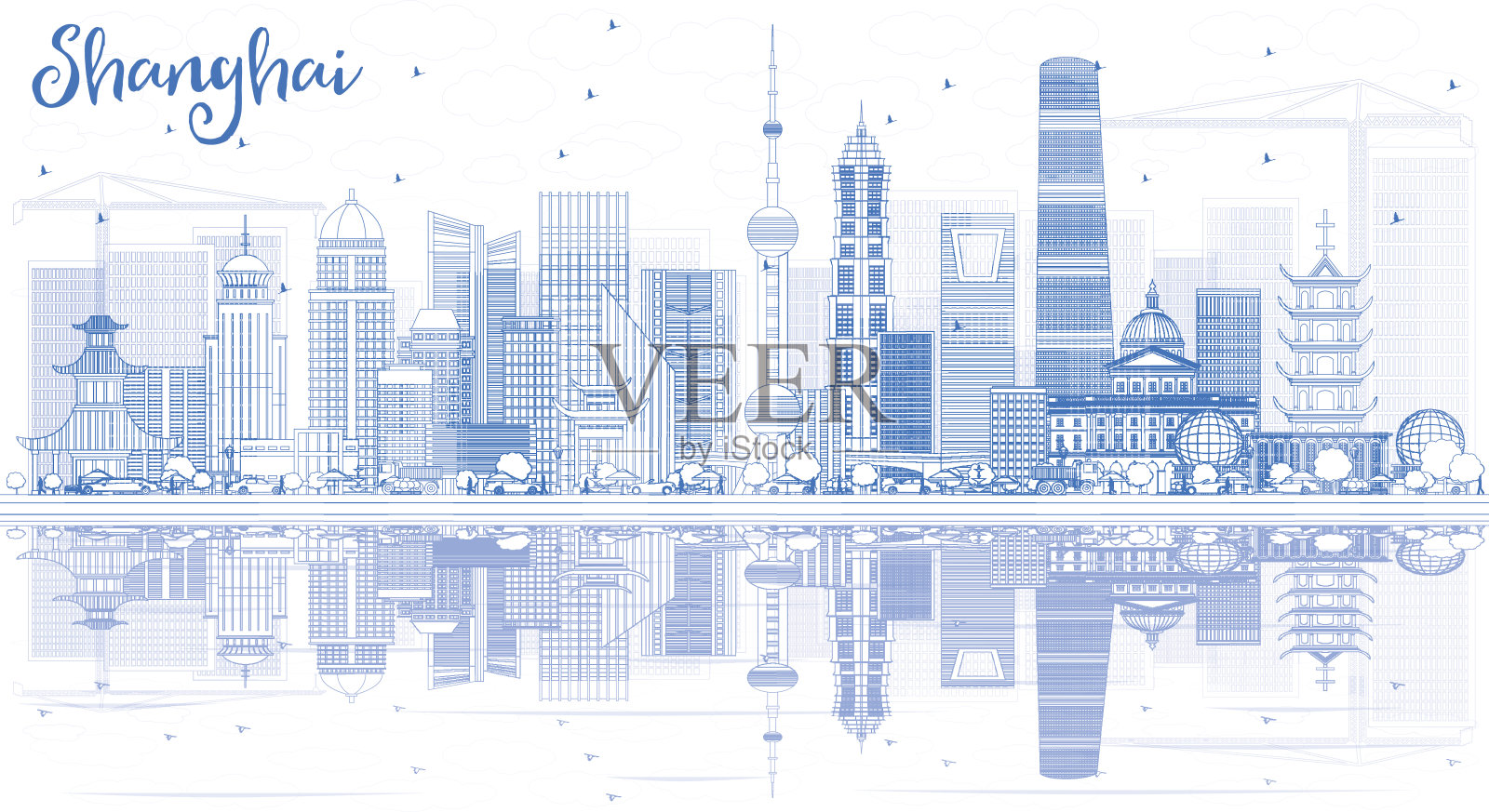 用蓝色建筑勾勒出上海的天际线。插画图片素材