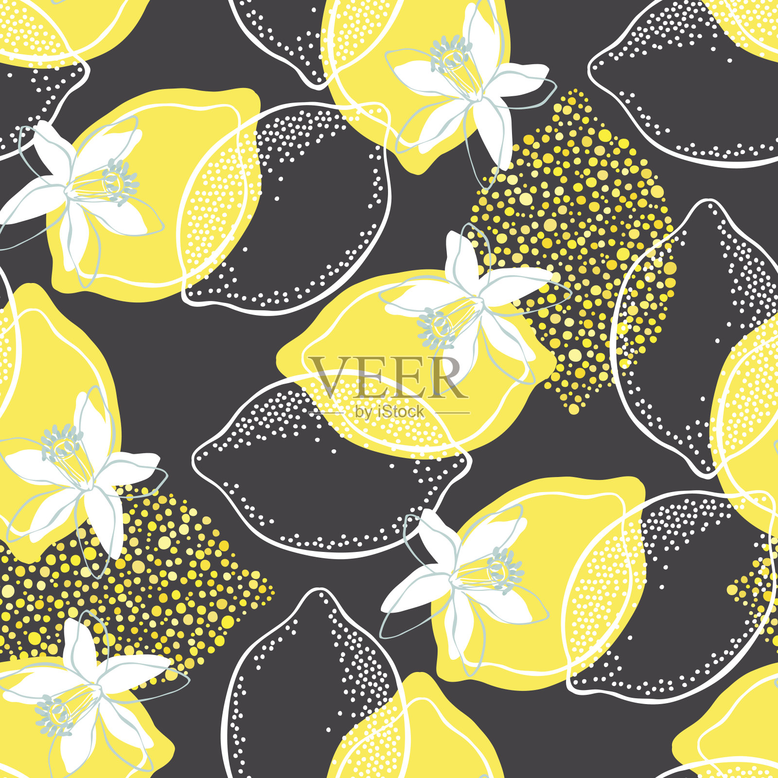 柠檬和开花。无缝矢量图案在黑暗的背景。插画图片素材