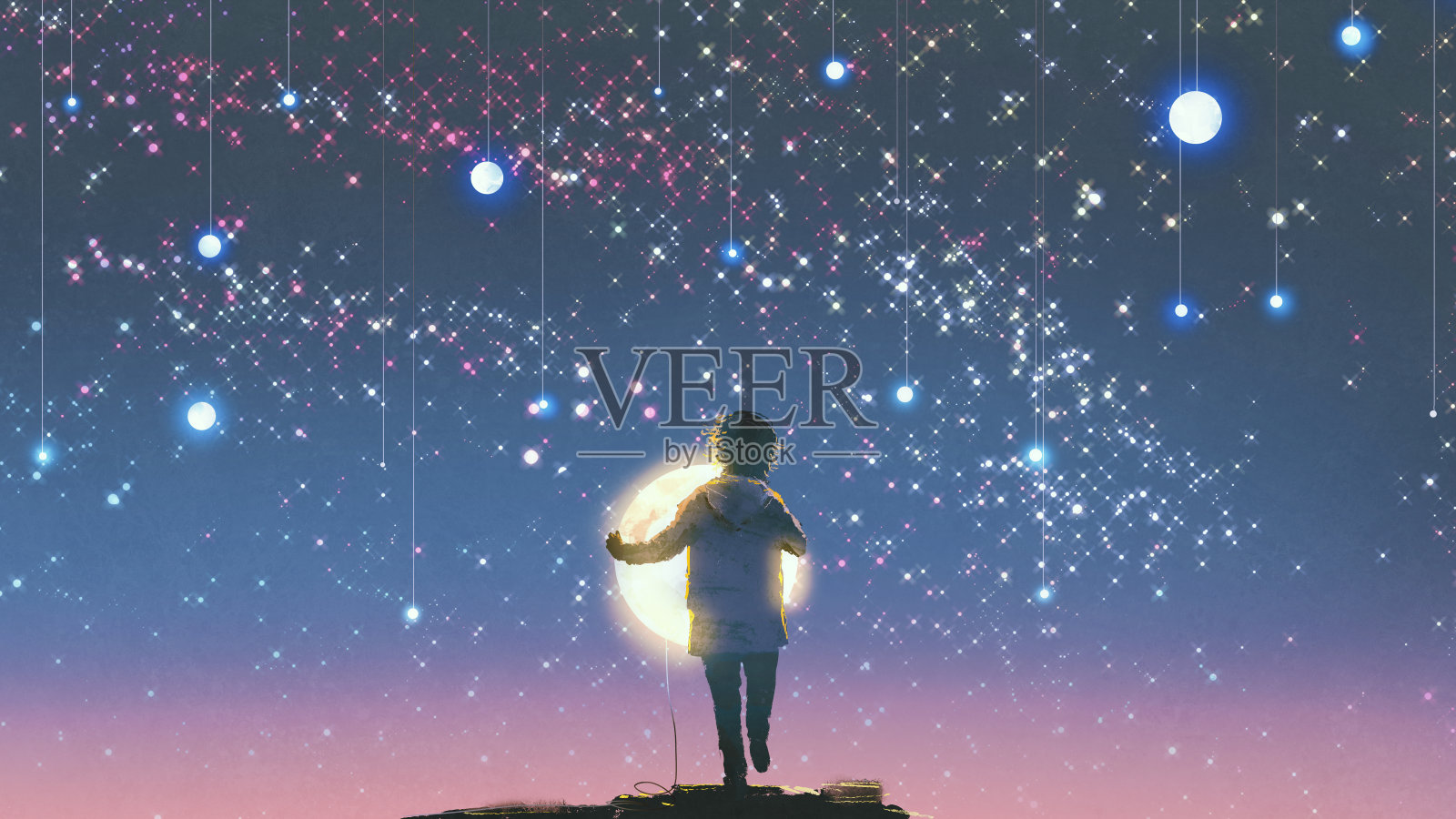 男孩拿着发光的月亮，站在悬挂的星星插画图片素材
