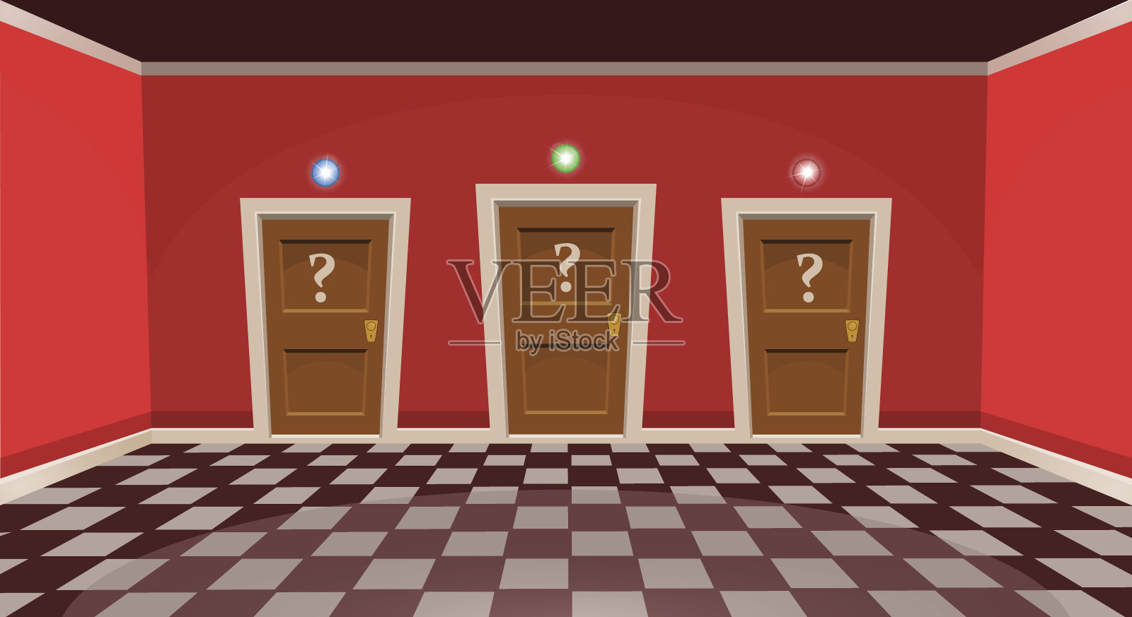卡通“选一扇门”的概念。空房间，三扇门，红色风格。矢量图插画图片素材