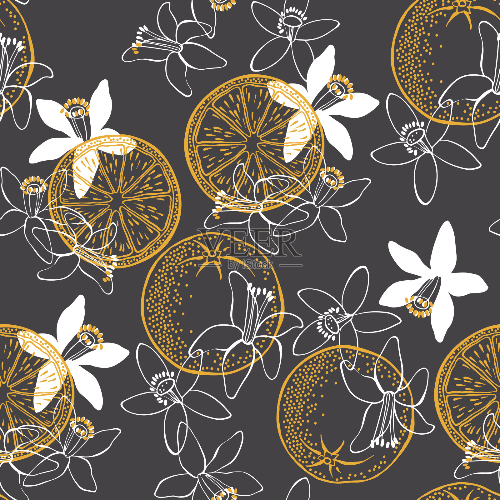 橙果和花。无缝的矢量模式。插画图片素材