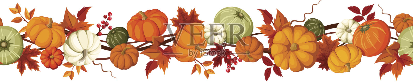 水平无缝背景南瓜和秋天的叶子。矢量插图。设计元素图片