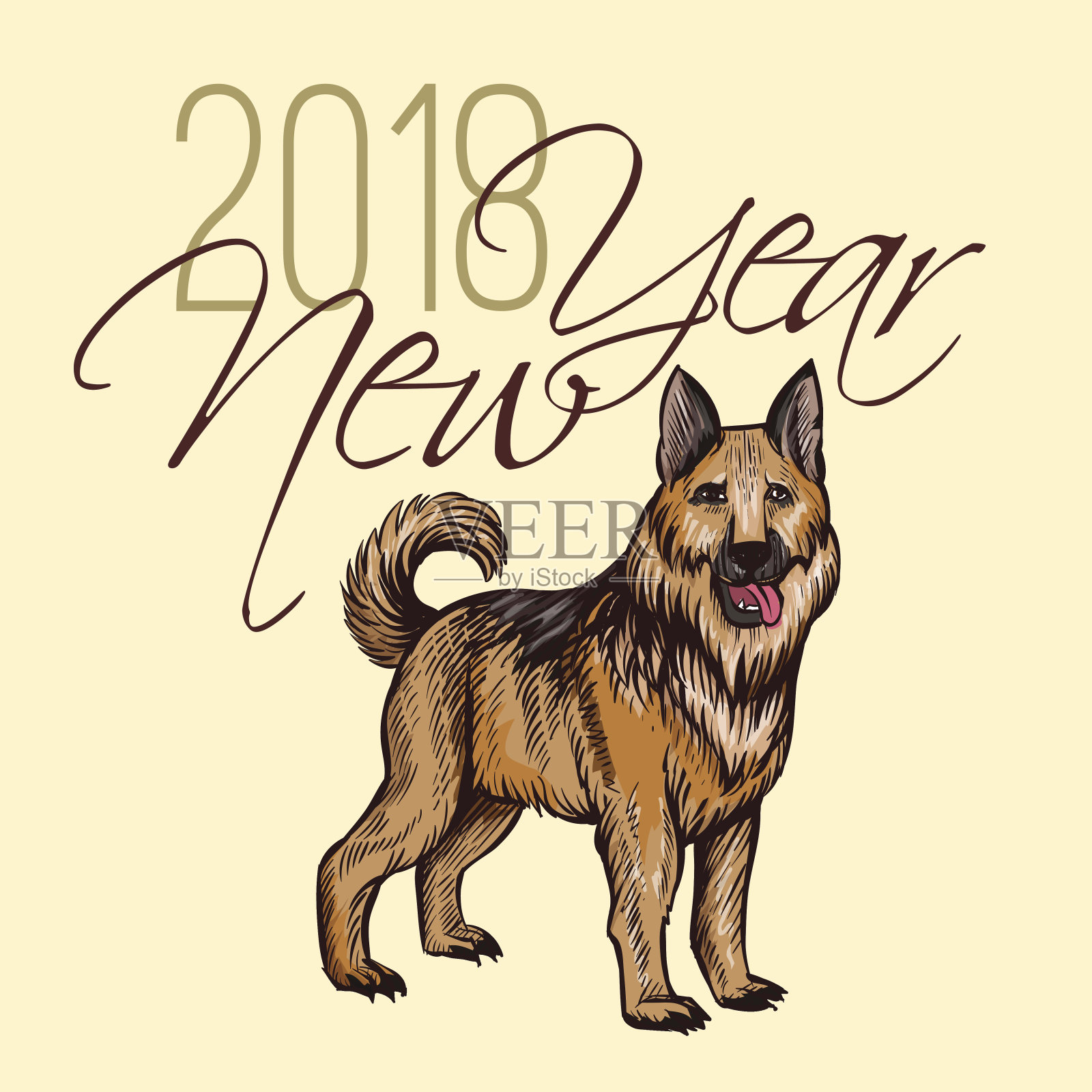 2018年贺年卡手画狗。庆卡矢量设计与书法题字设计模板素材